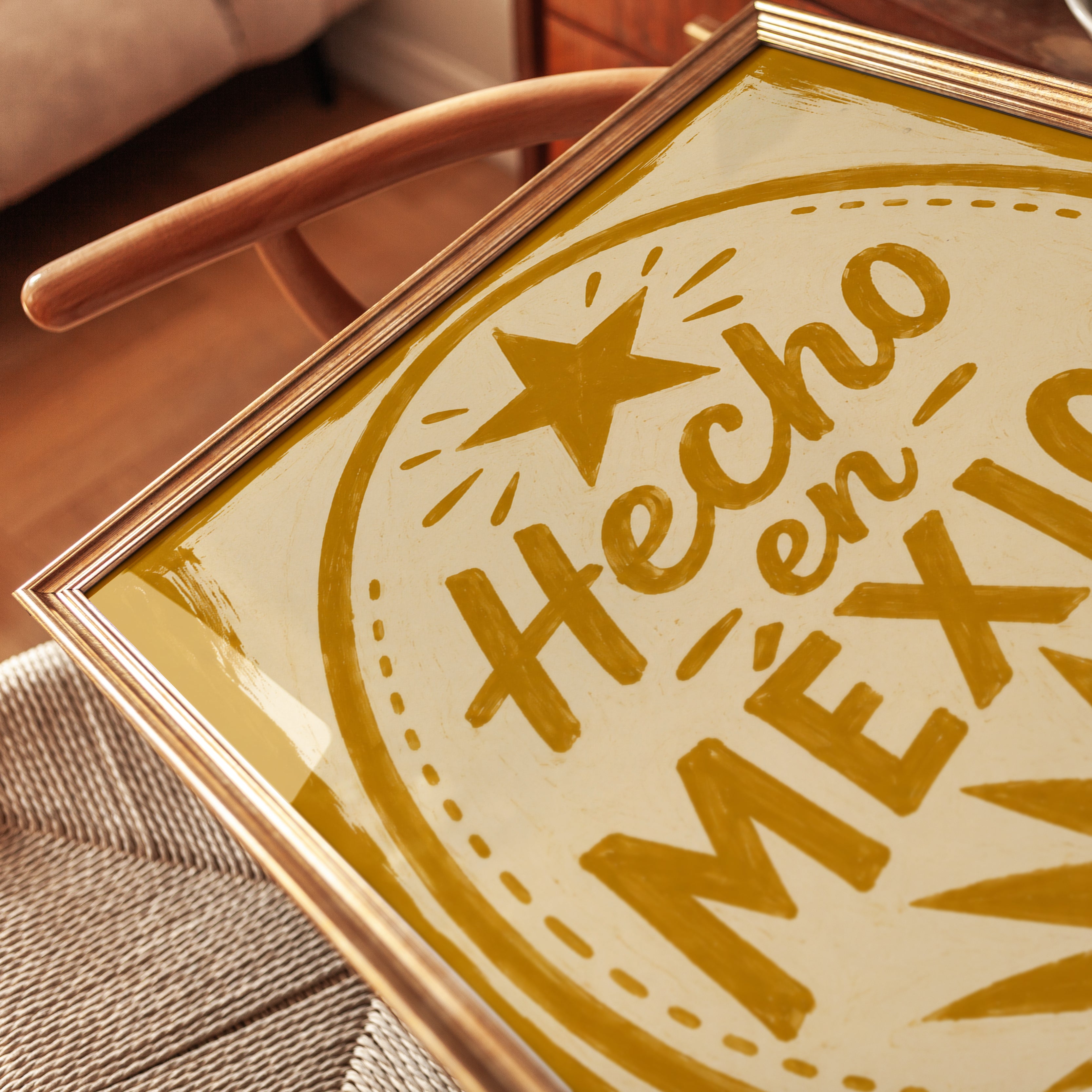 Hecho en Mexico Print: Vintage Mustard Yellow Badge Design - detail