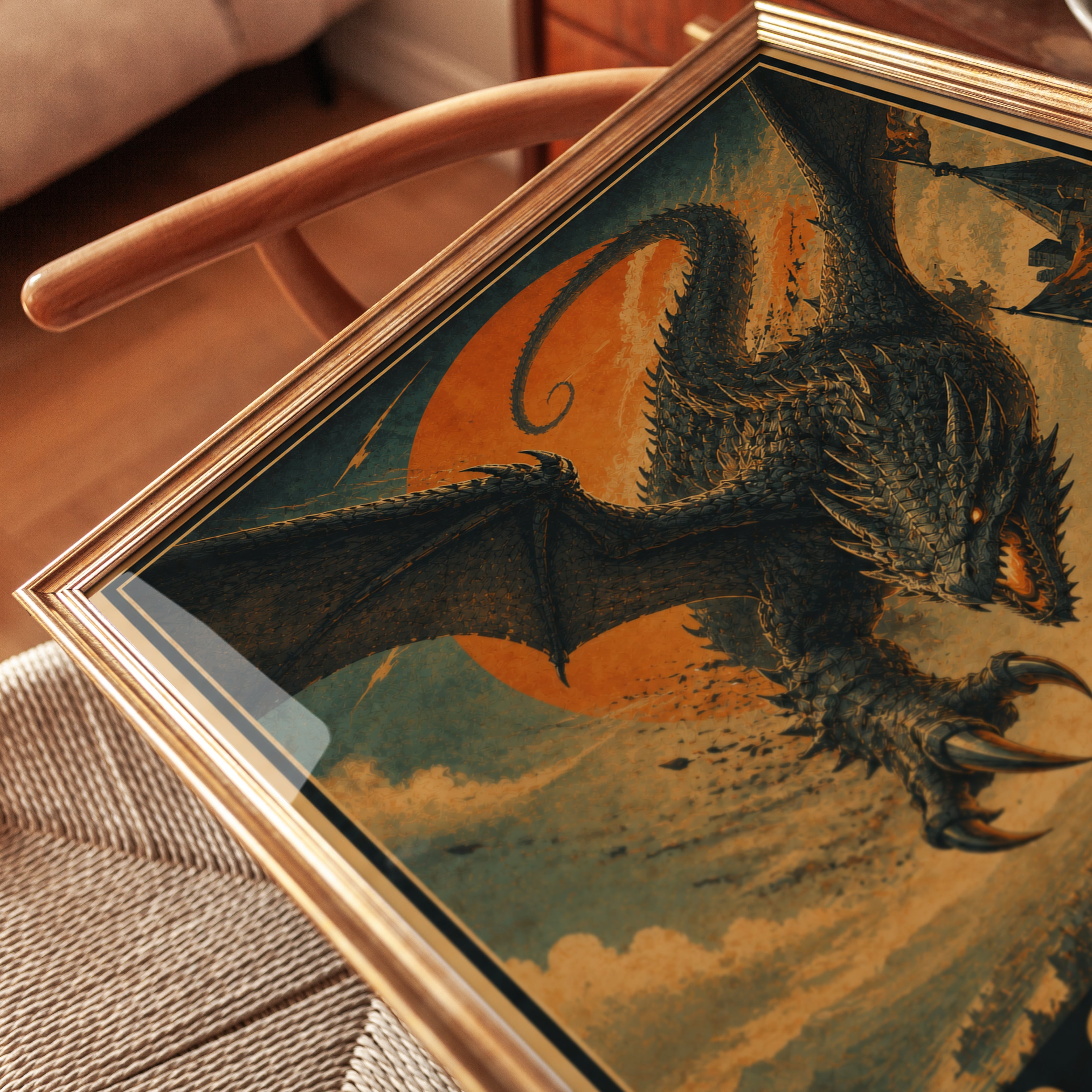 Vintage Dragon Castle Poster: Fantasy Art Deco Wall Art - detail