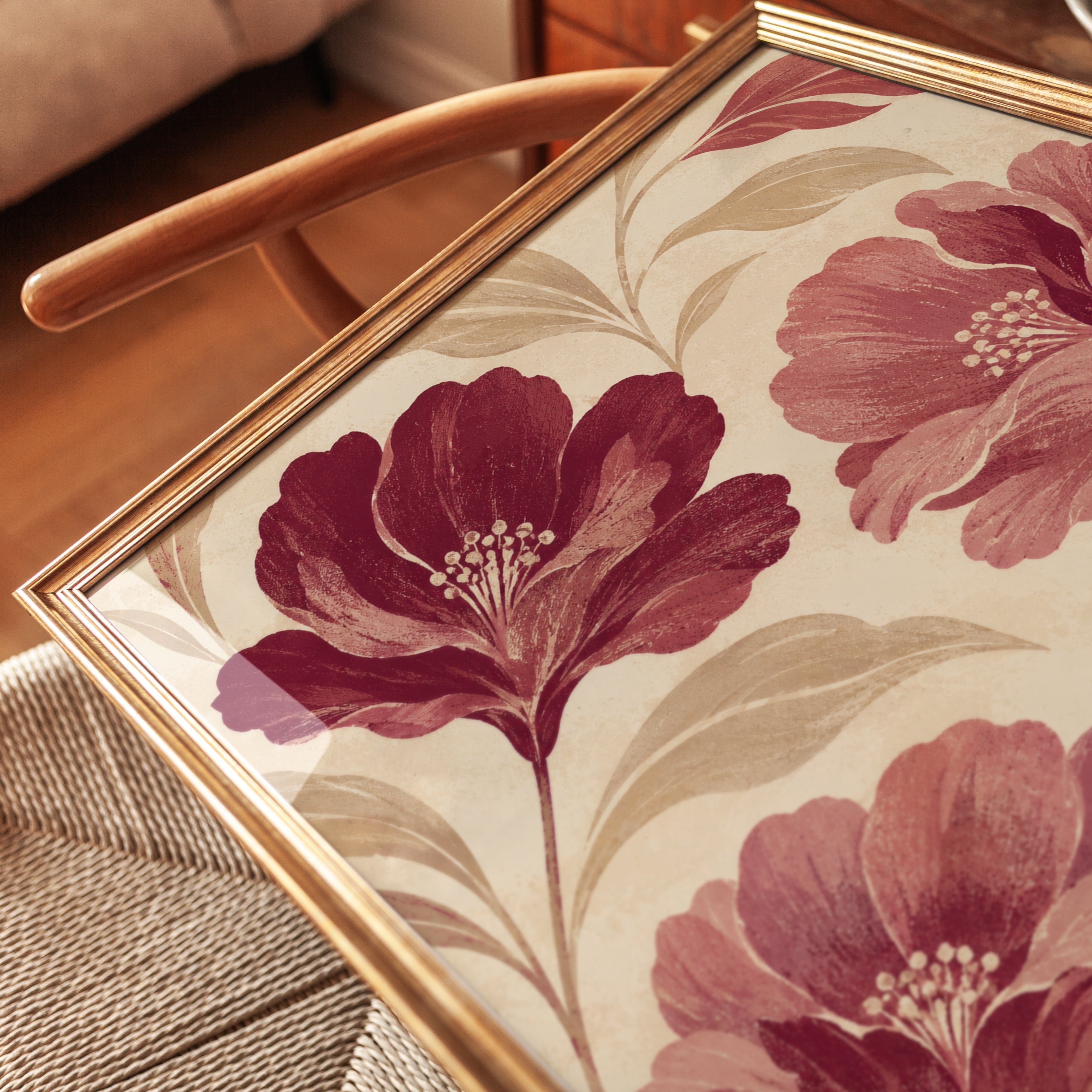 Vintage Floral Wall Art – Burgundy Flower Print - detail