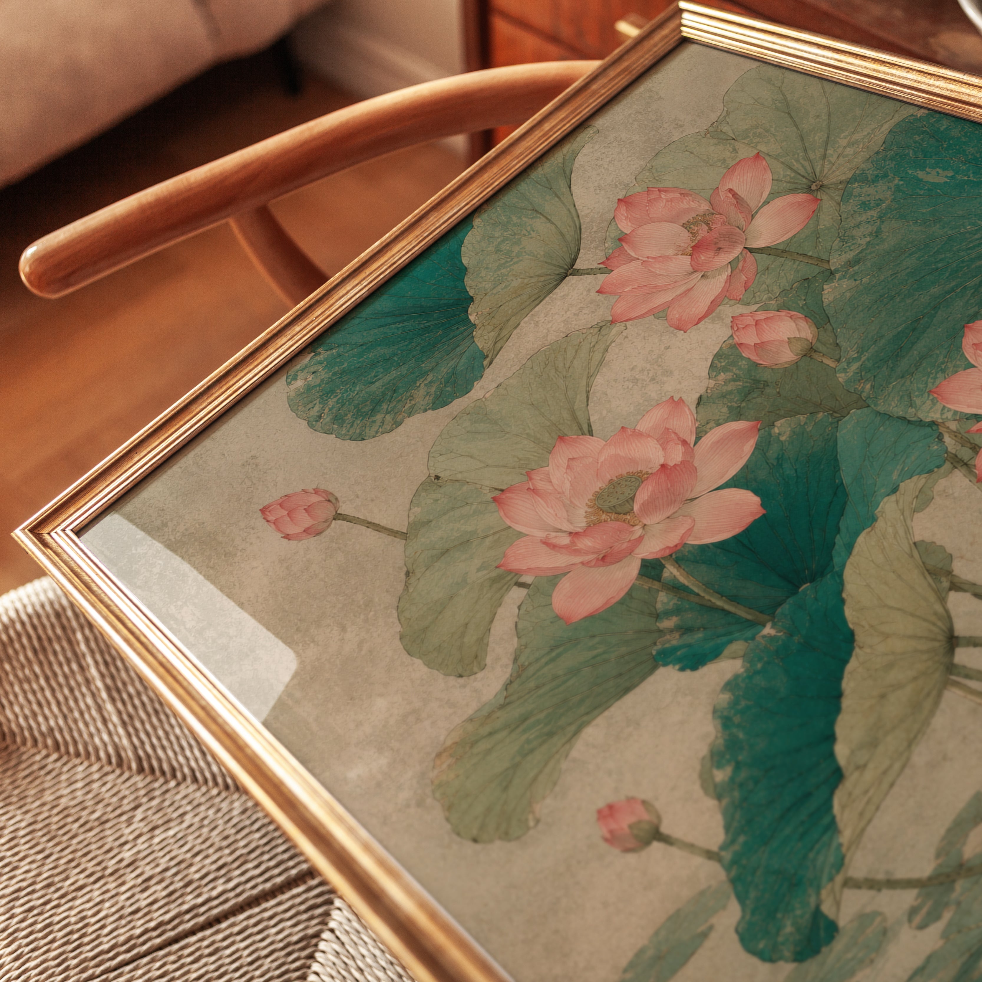 Pink Lotus Flowers Wall Art: Vintage Asian Botanical Print - detail