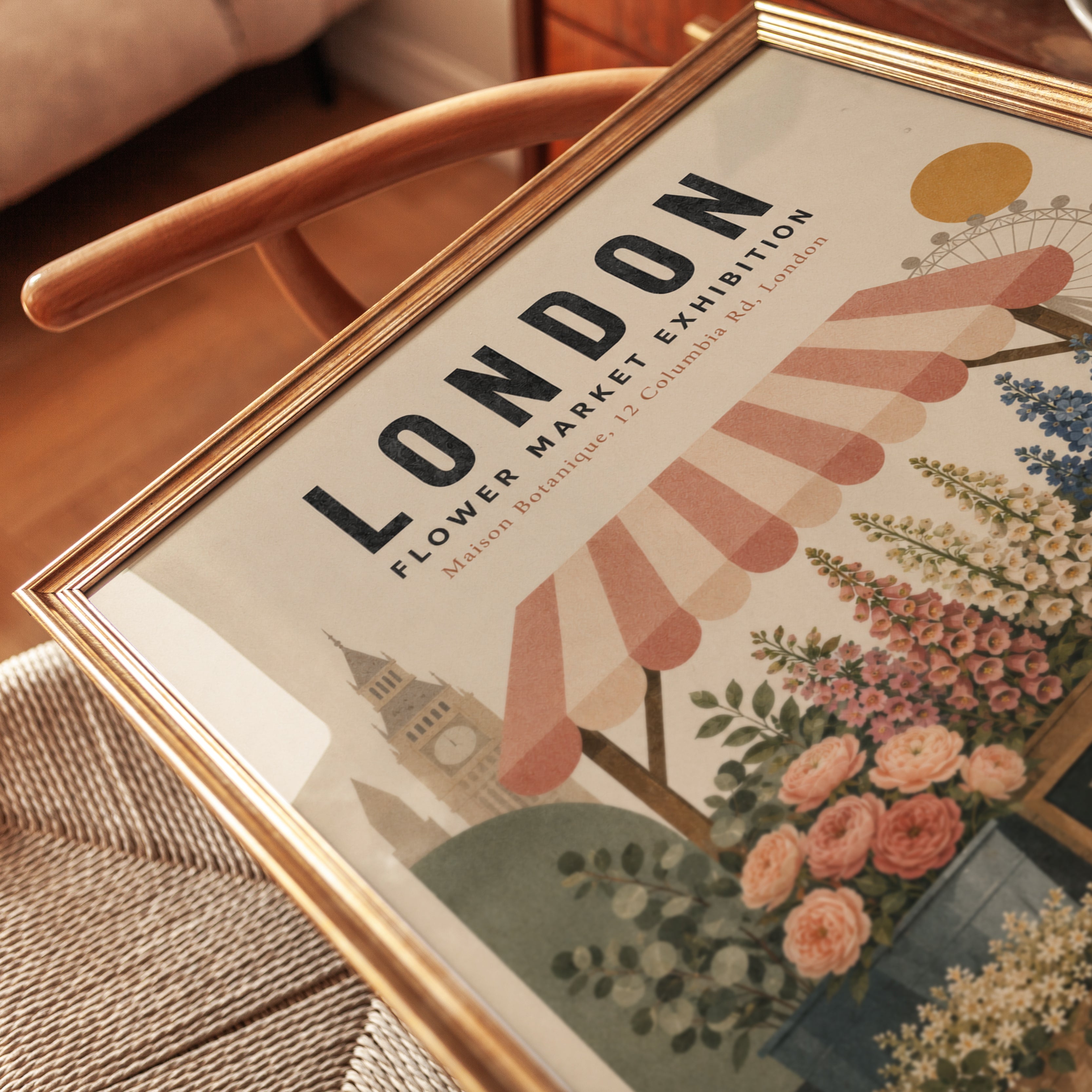 London Flower Market Print — Vintage Botanical Travel Poster - detail