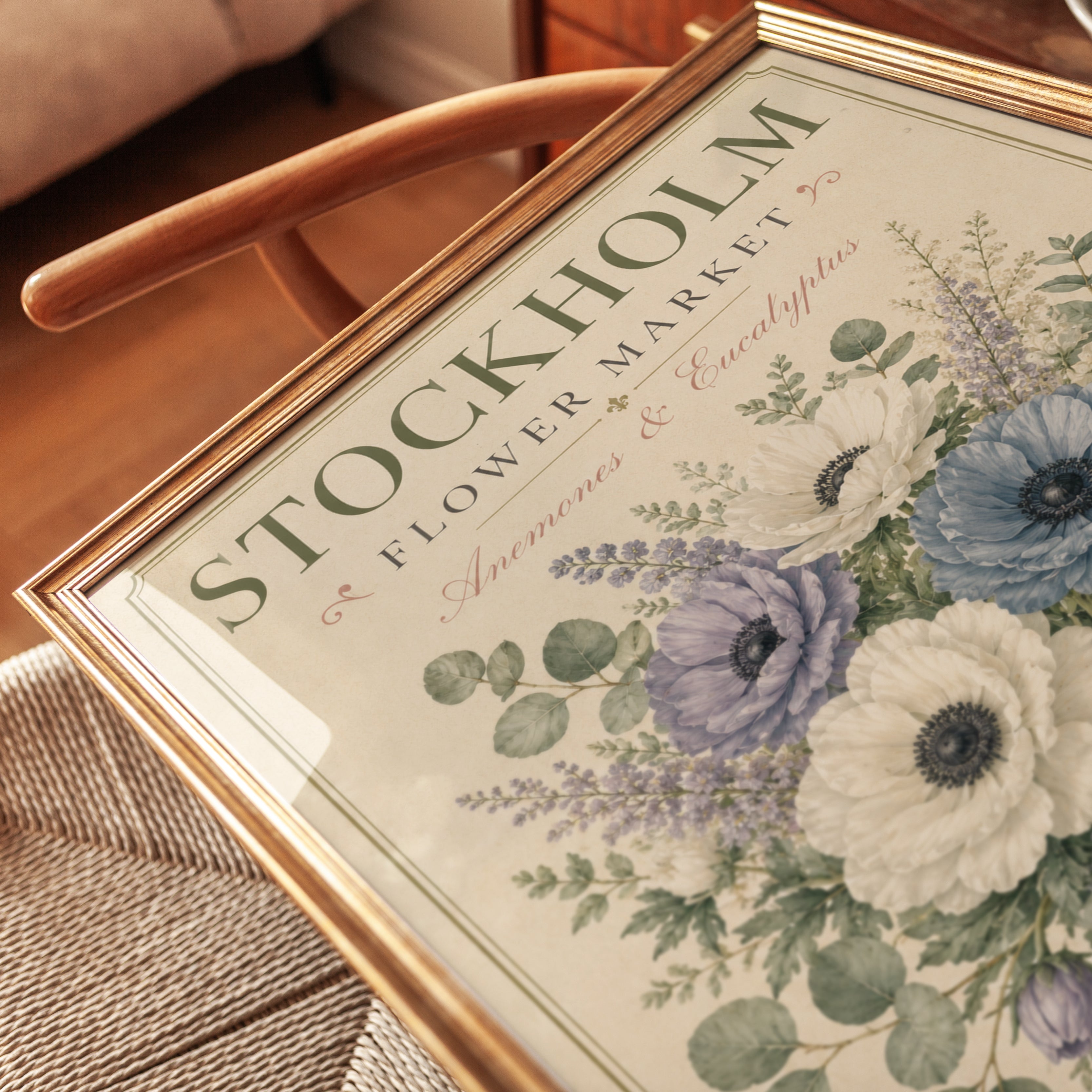 Stockholm Flower Market Print — Vintage Botanical Anemone & Eucalyptus - detail