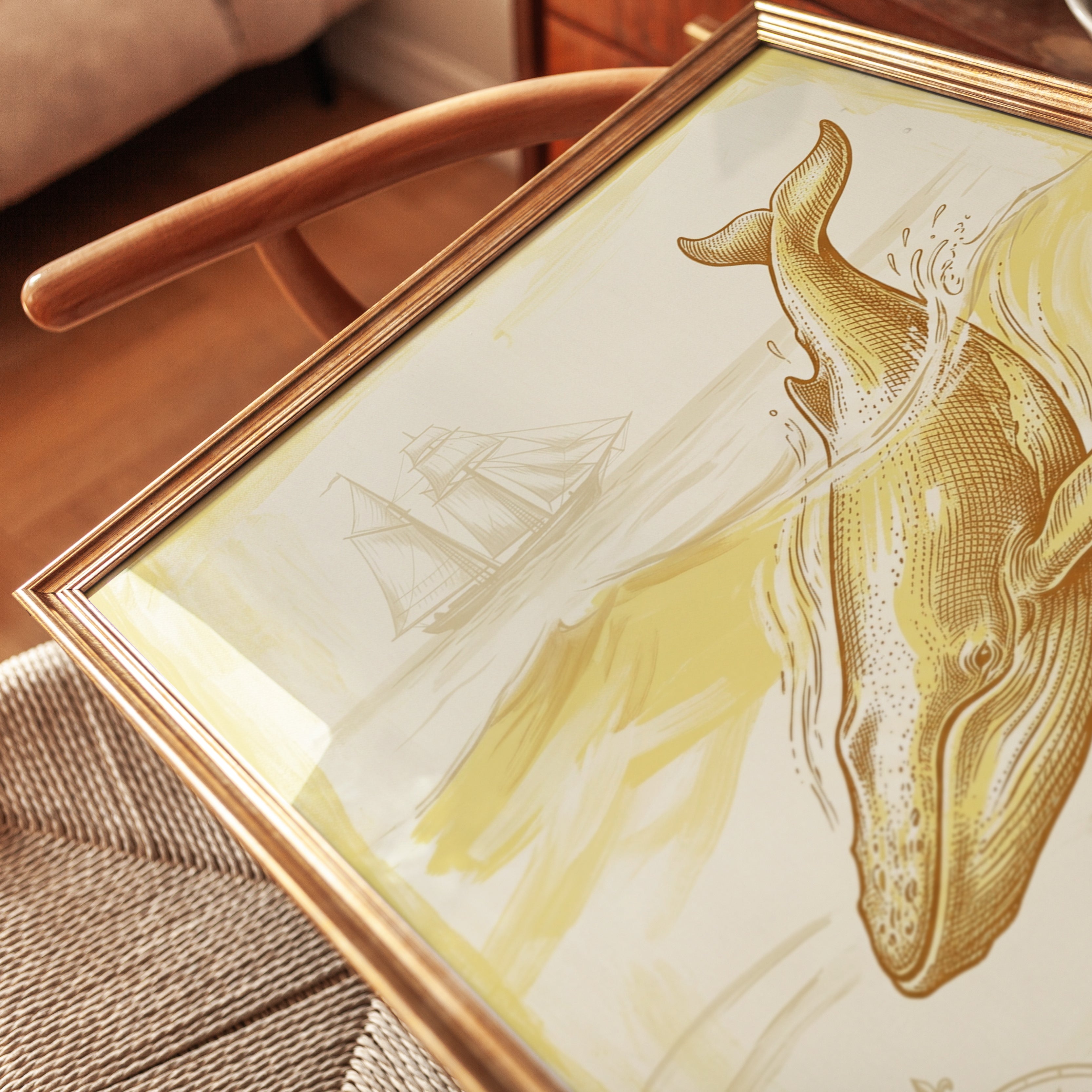 Golden Whale and Ship Art Print: Vintage Nautical Illustration - detail