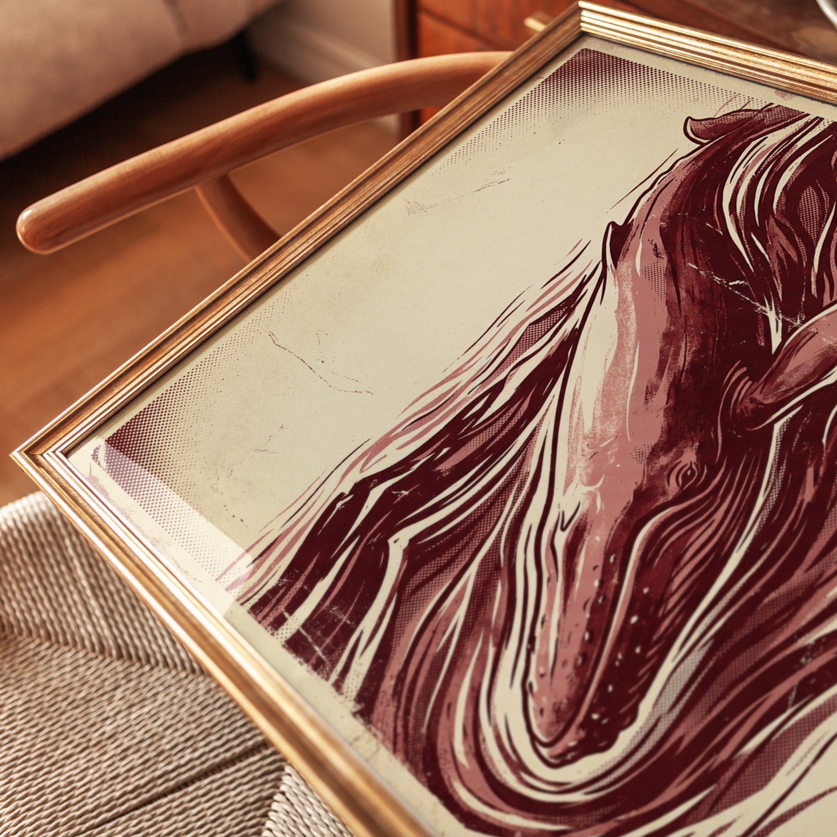 Whale Art Print: Vintage Red Ocean Poster with Wave Design - detail