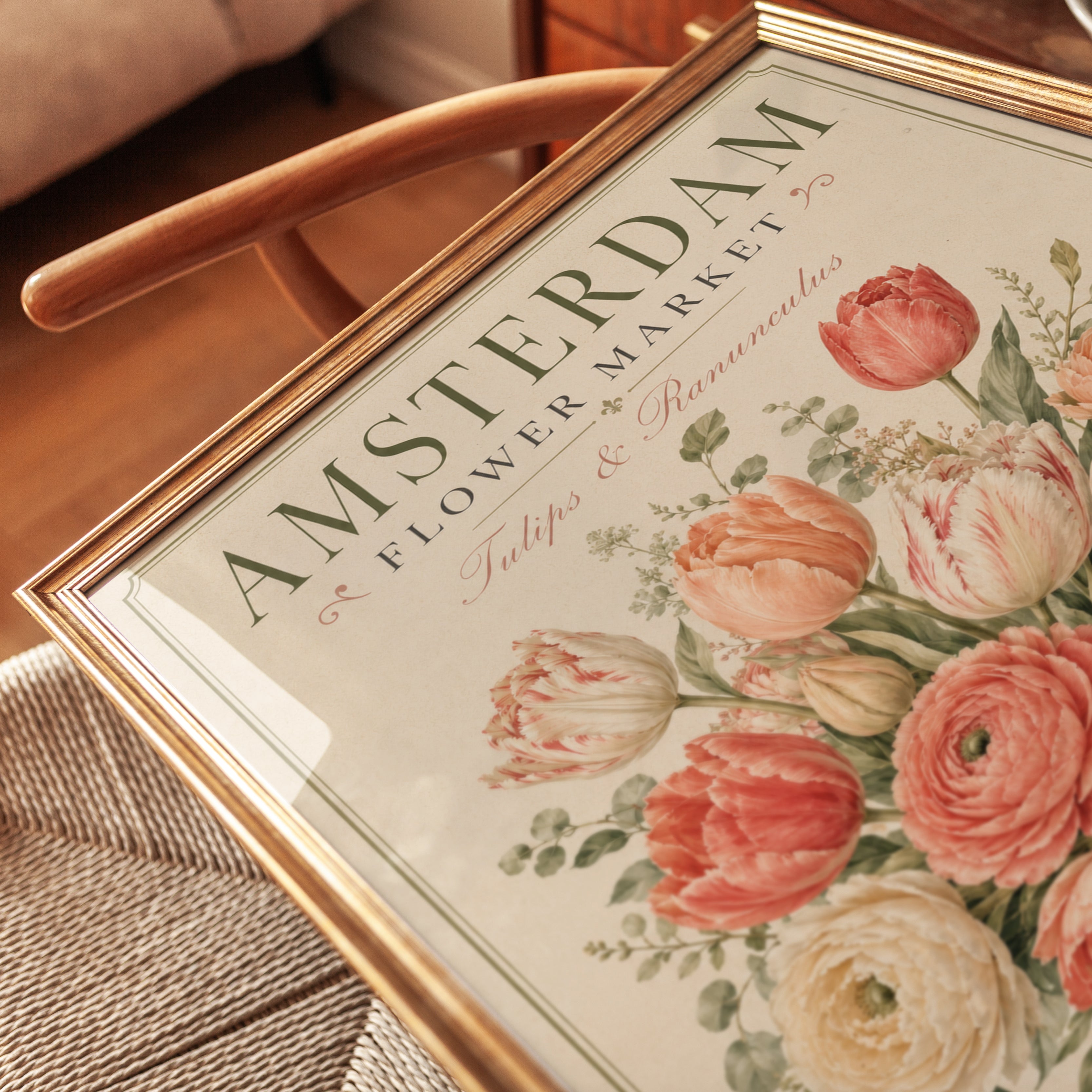 Amsterdam Flower Market Print — Vintage Botanical Tulips & Ranunculus - detail