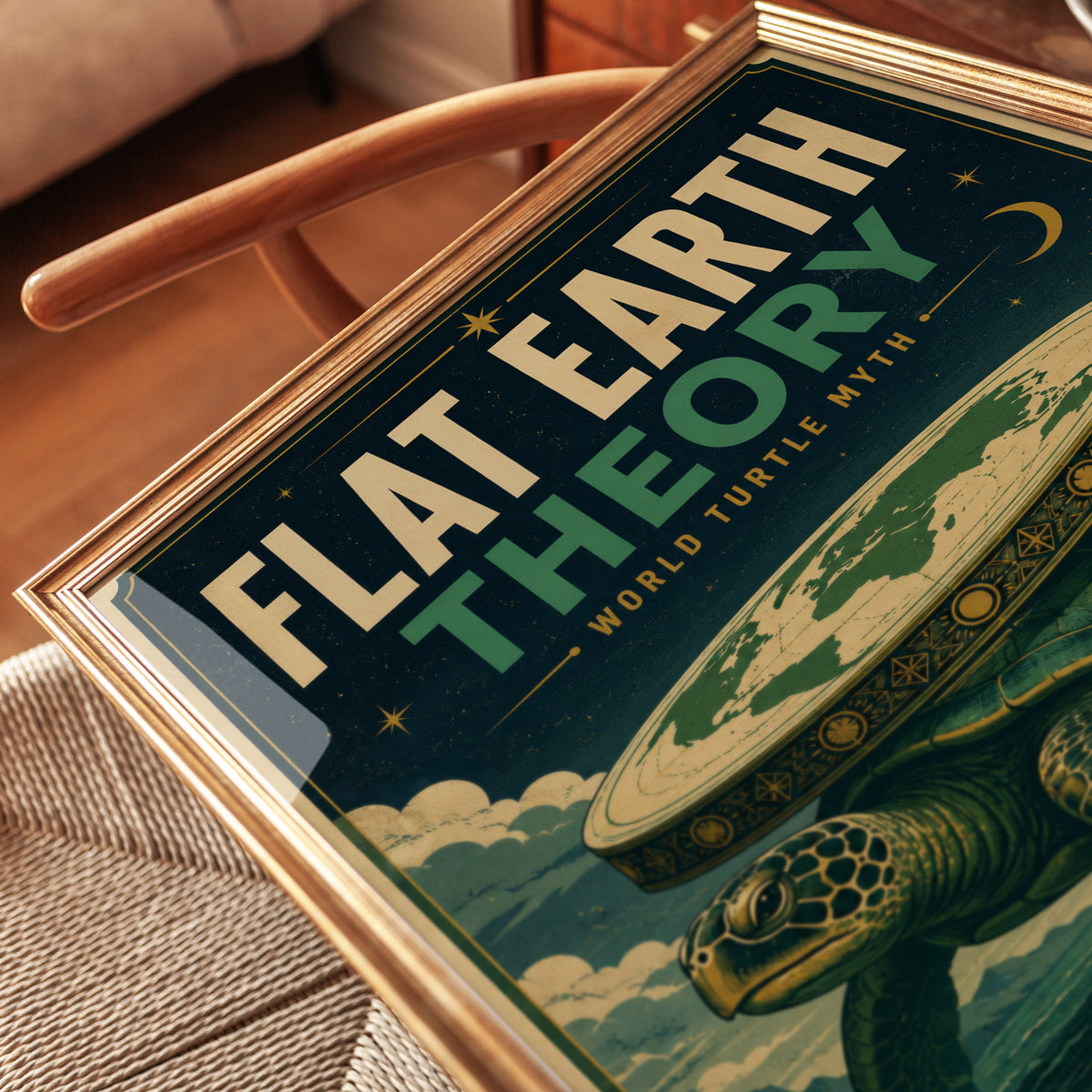 World Turtle Myth Poster: Vintage Flat Earth Print (Teal & Gold) - detail