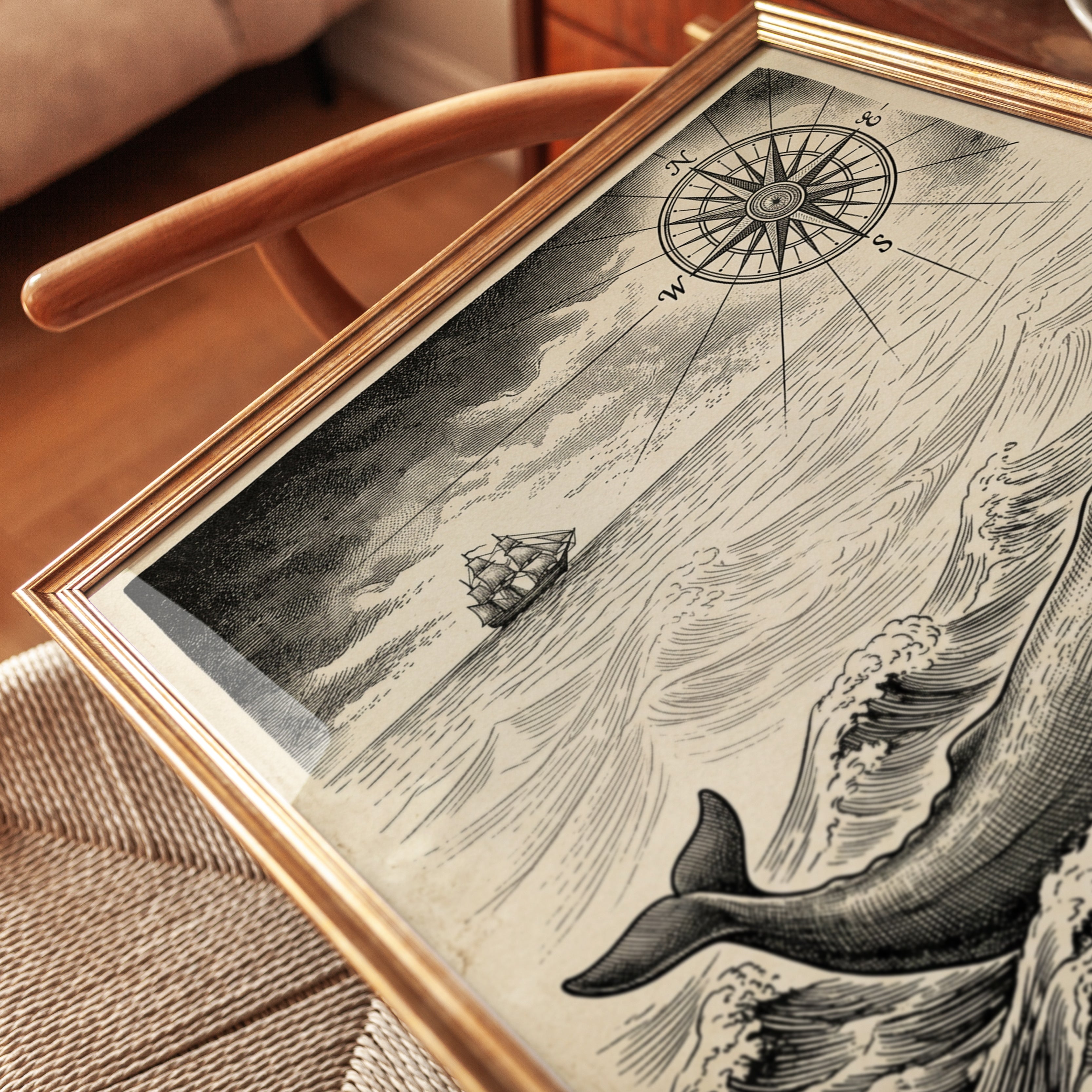 Vintage Whale Engraving Print: Nautical Compass & Sailing Ship - detail