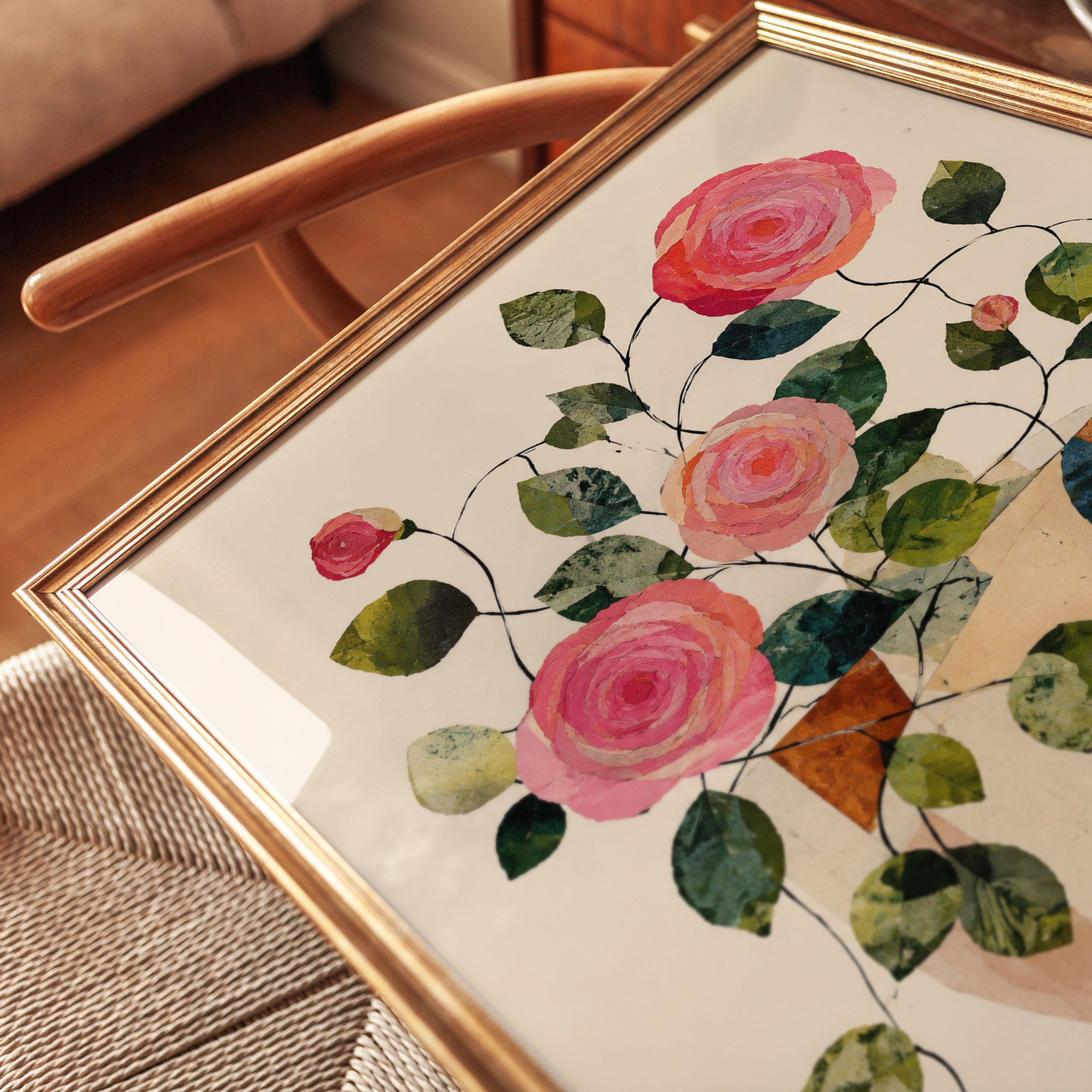 Abstract Rose Bouquet Print: Geometric Vase with Pink Blooms - detail