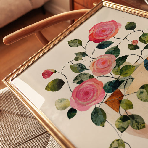 Abstract Rose Bouquet Print: Geometric Vase with Pink Blooms - detail