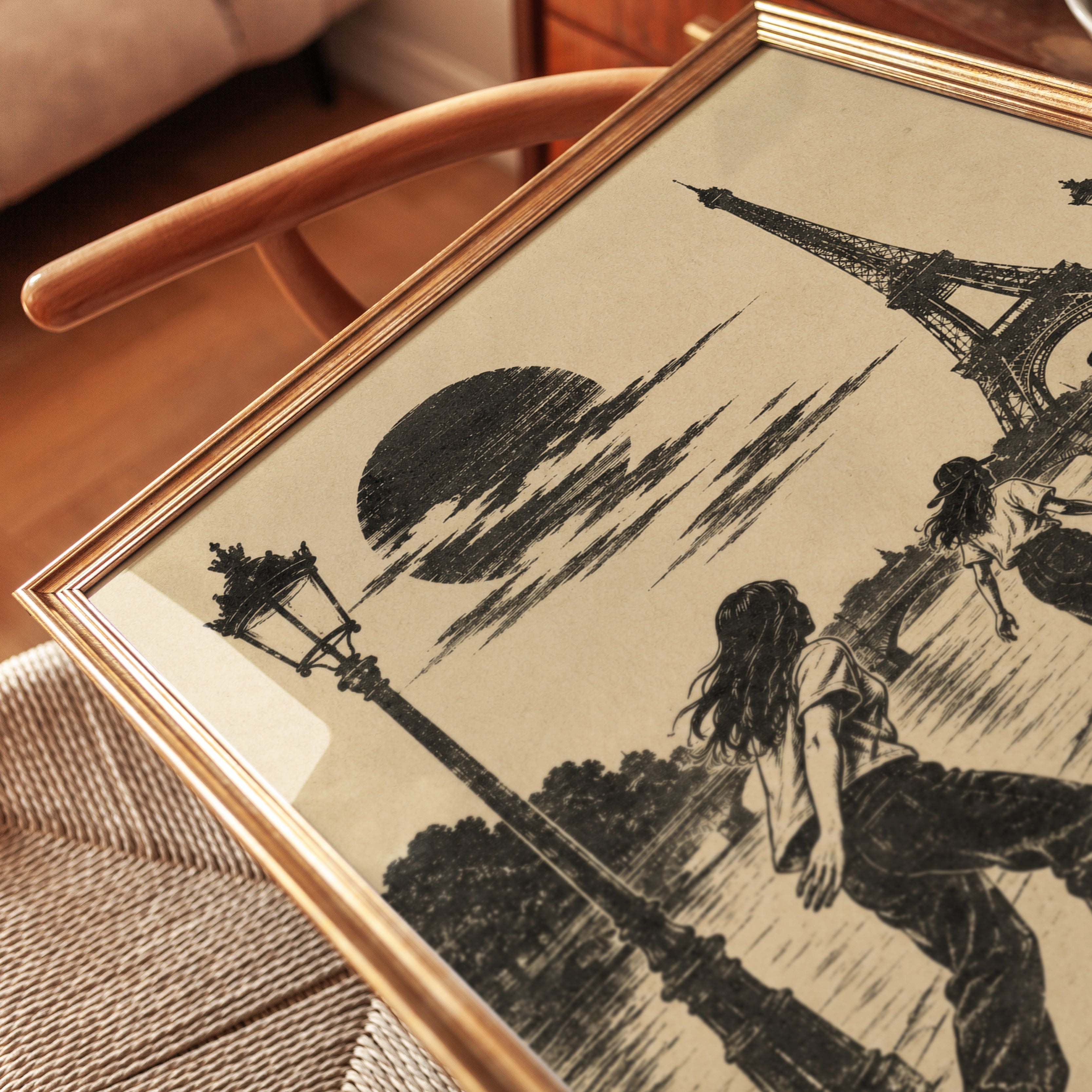 Paris Roller Skaters Art Print: Vintage Eiffel Tower Scene - detail