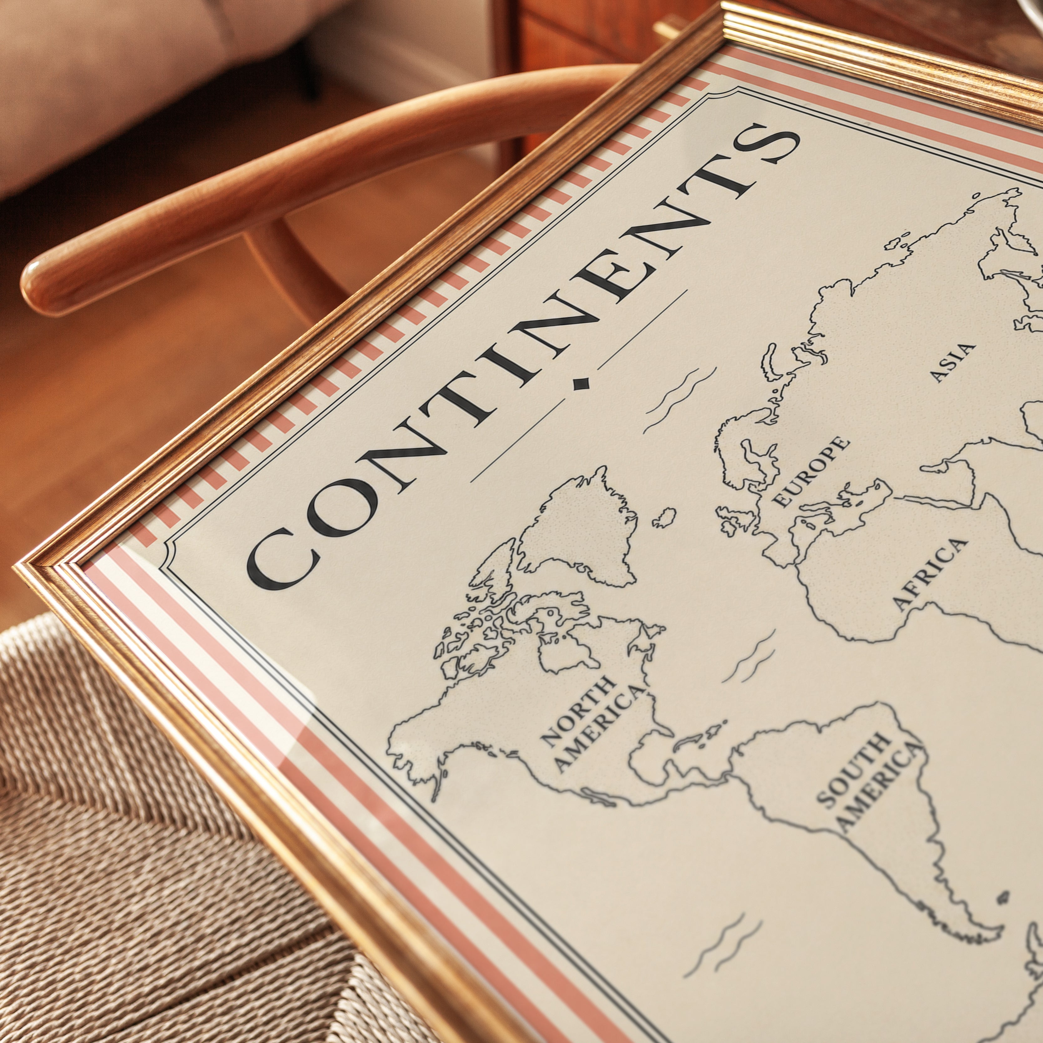 Continents World Map Print: Vintage Beige Educational Poster - detail