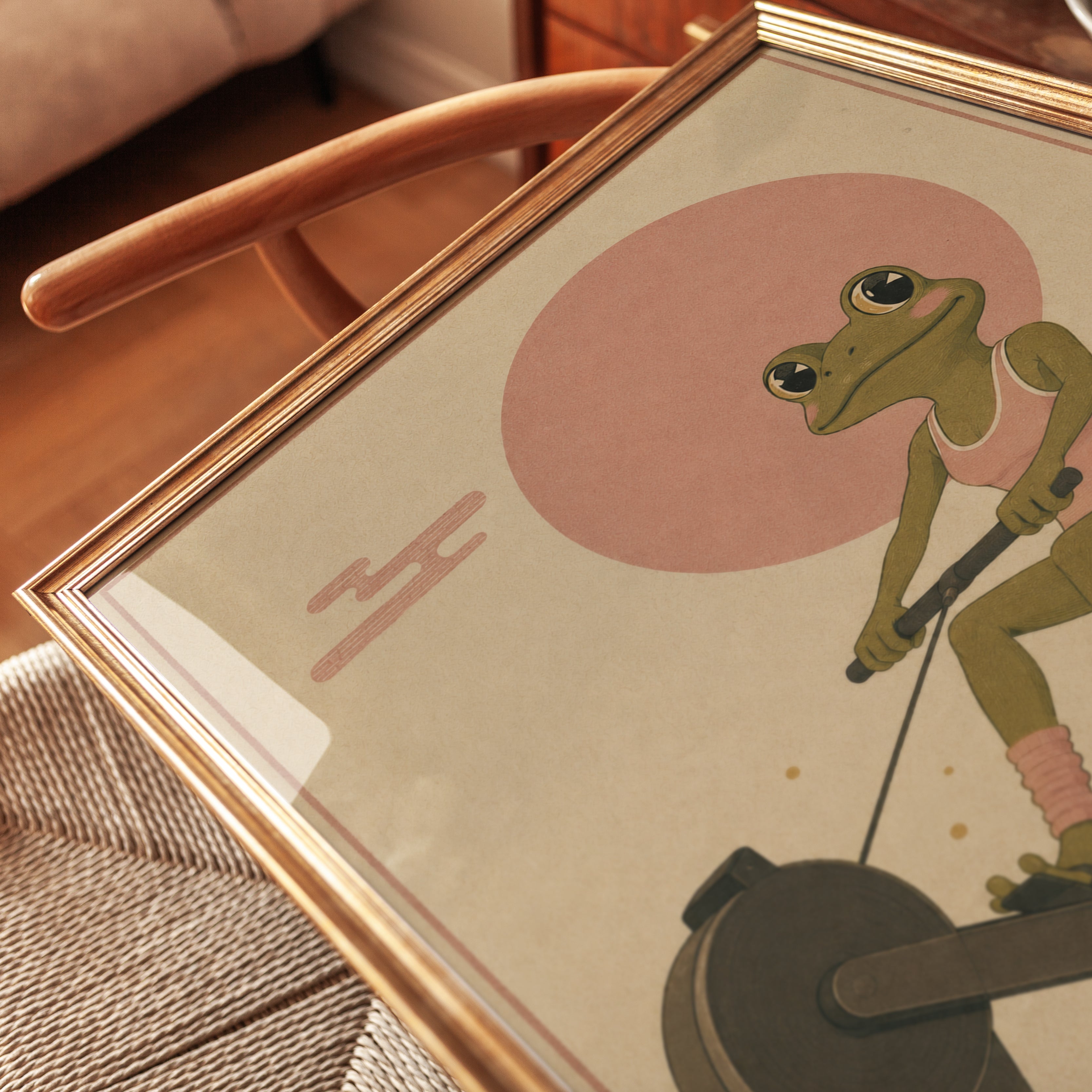 Frog on Rowing Machine Print: Japanese Vintage Illustration - detail