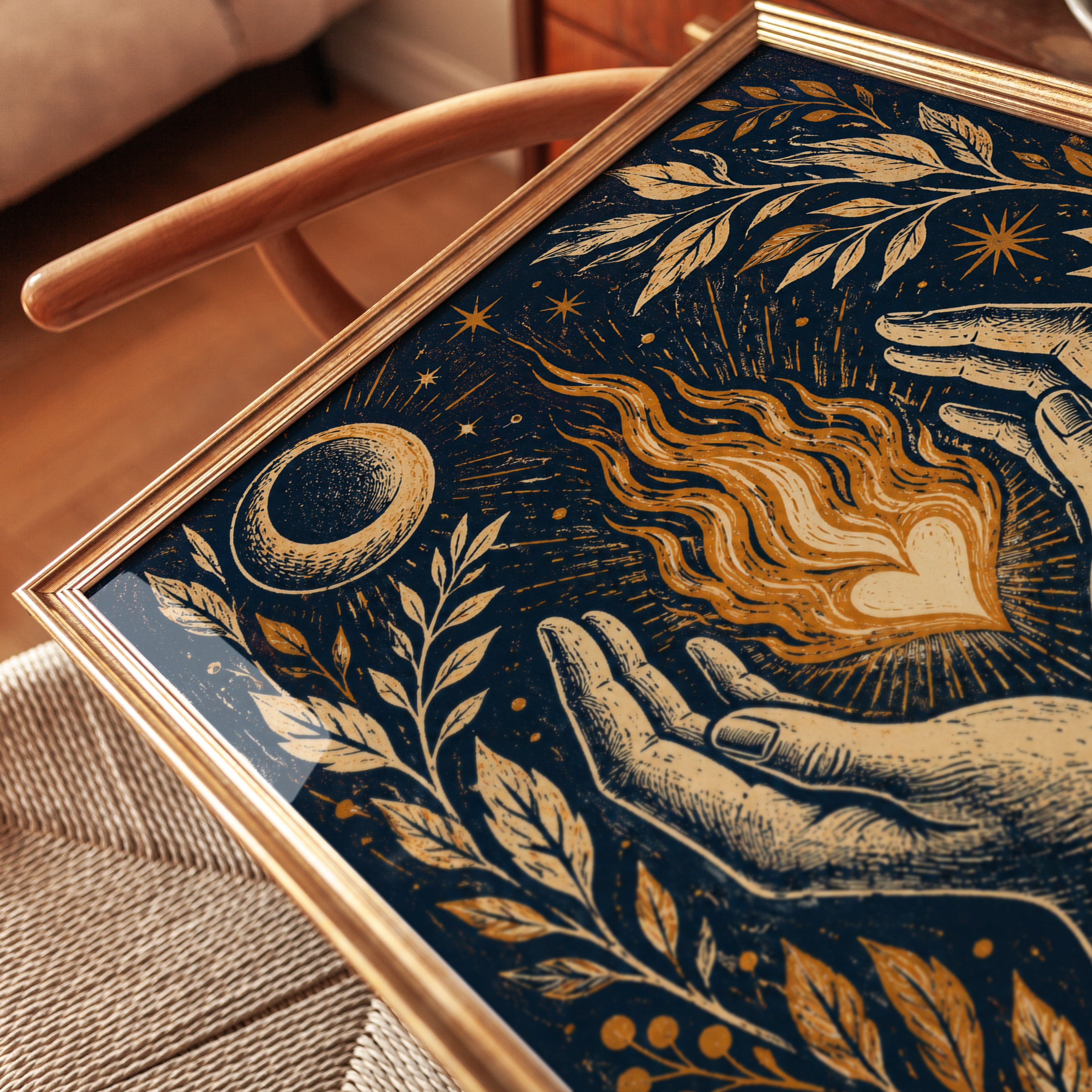 Celestial Hands Print — Mystical Flaming Heart - detail