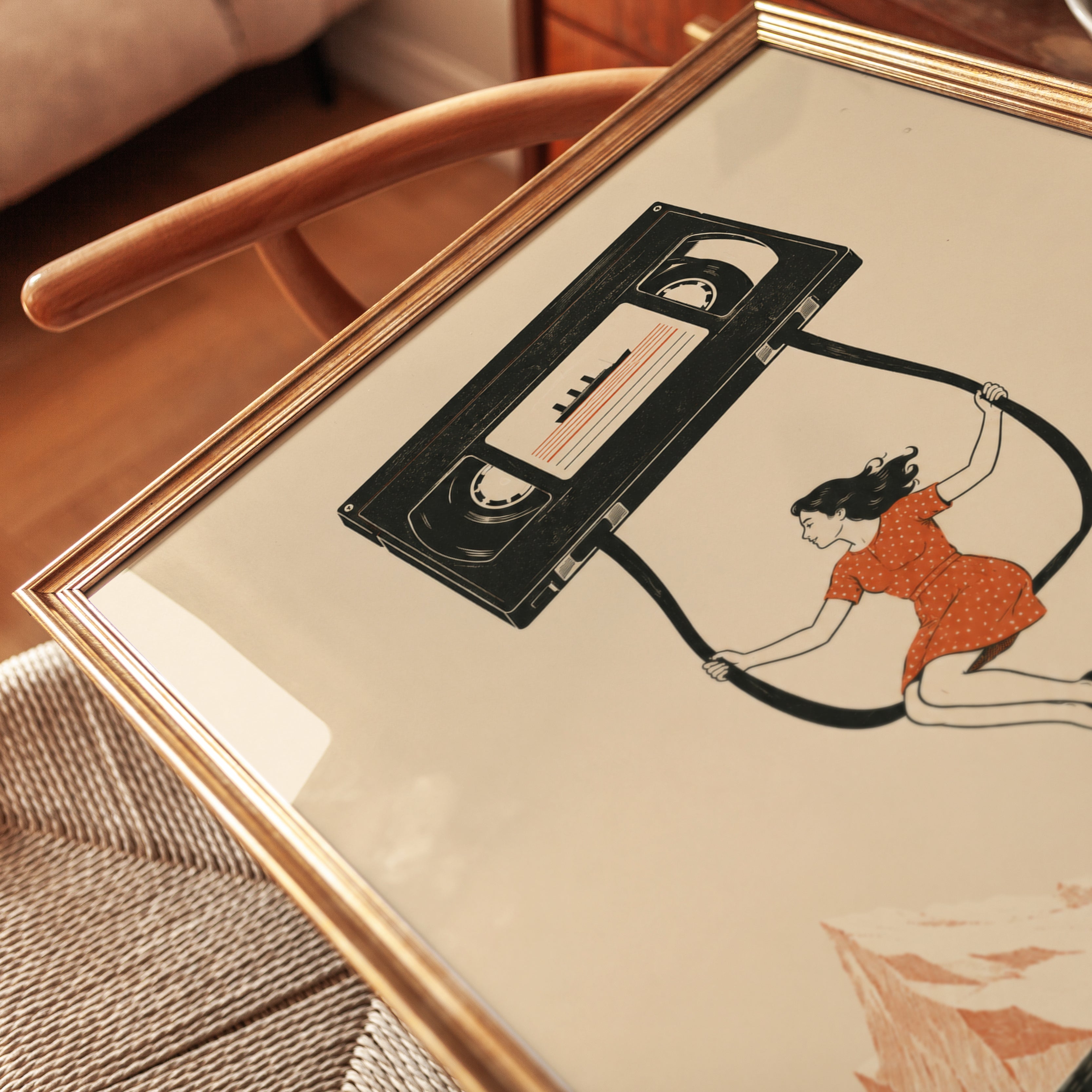 Retro Cassette Tape Print: Whimsical Woman Swinging - detail