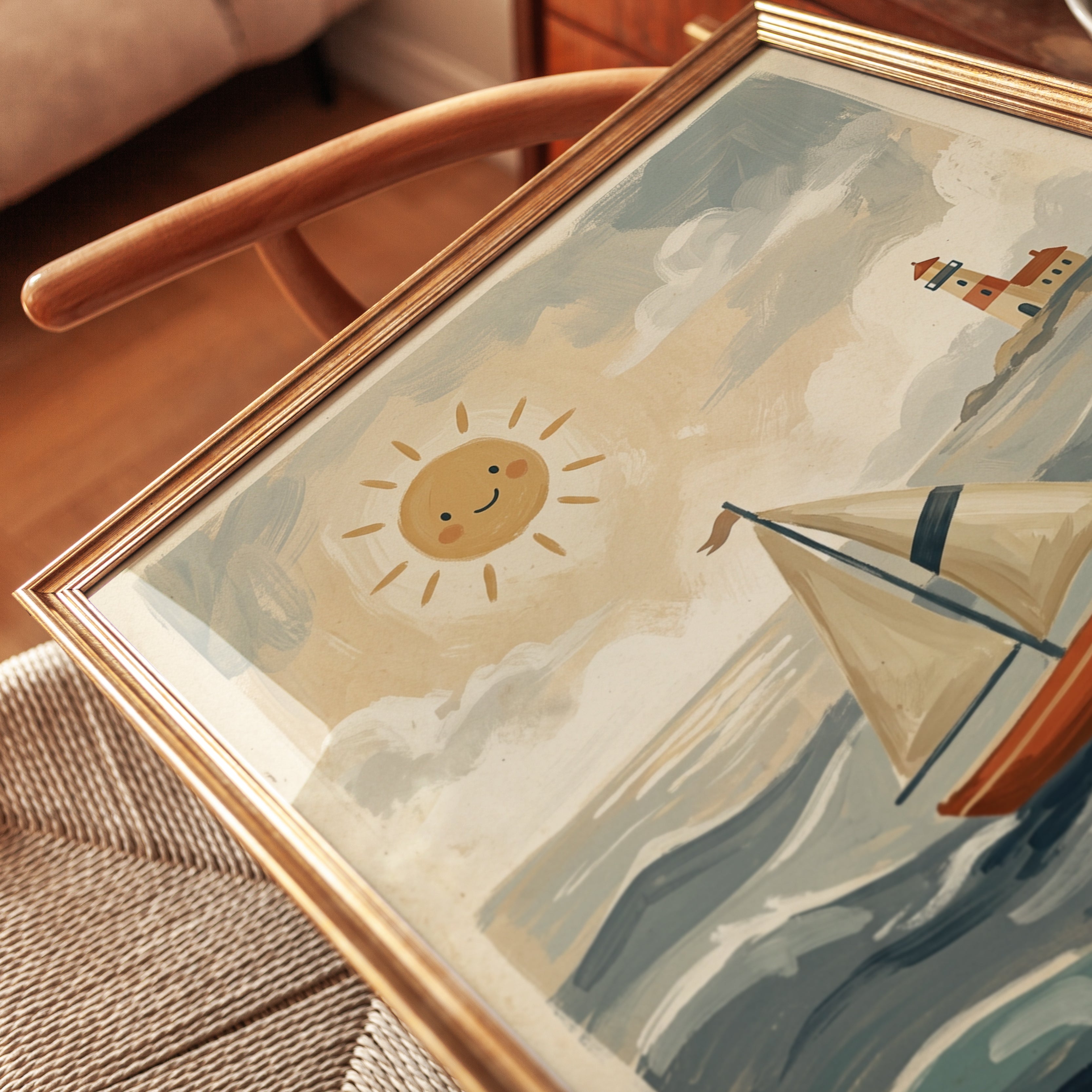 Whimsical Sailboat and Lighthouse Art Print: Coastal Nursery Scene - detail