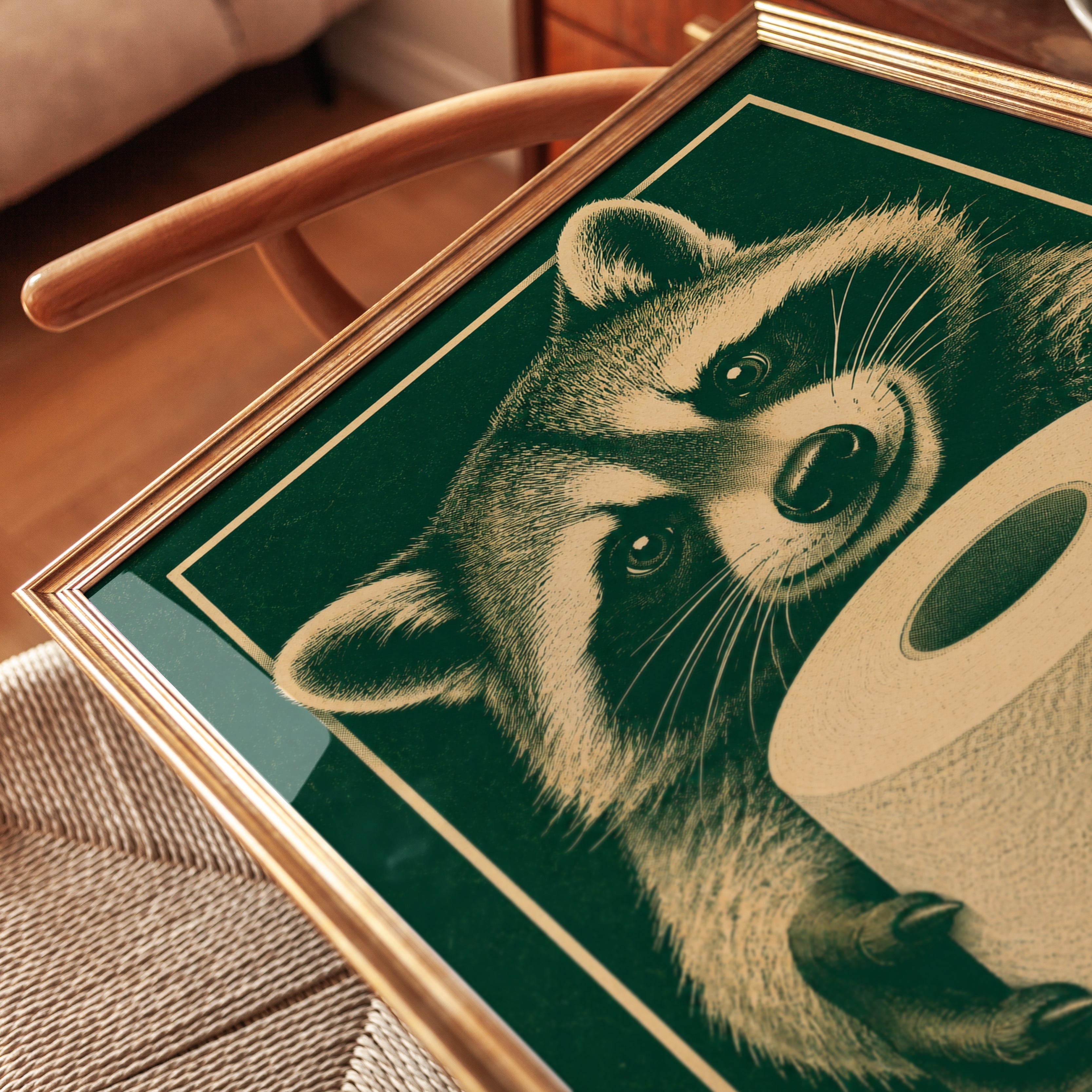 Raccoon Vintage Print: Retro Bathroom Art in Green and Cream - detail