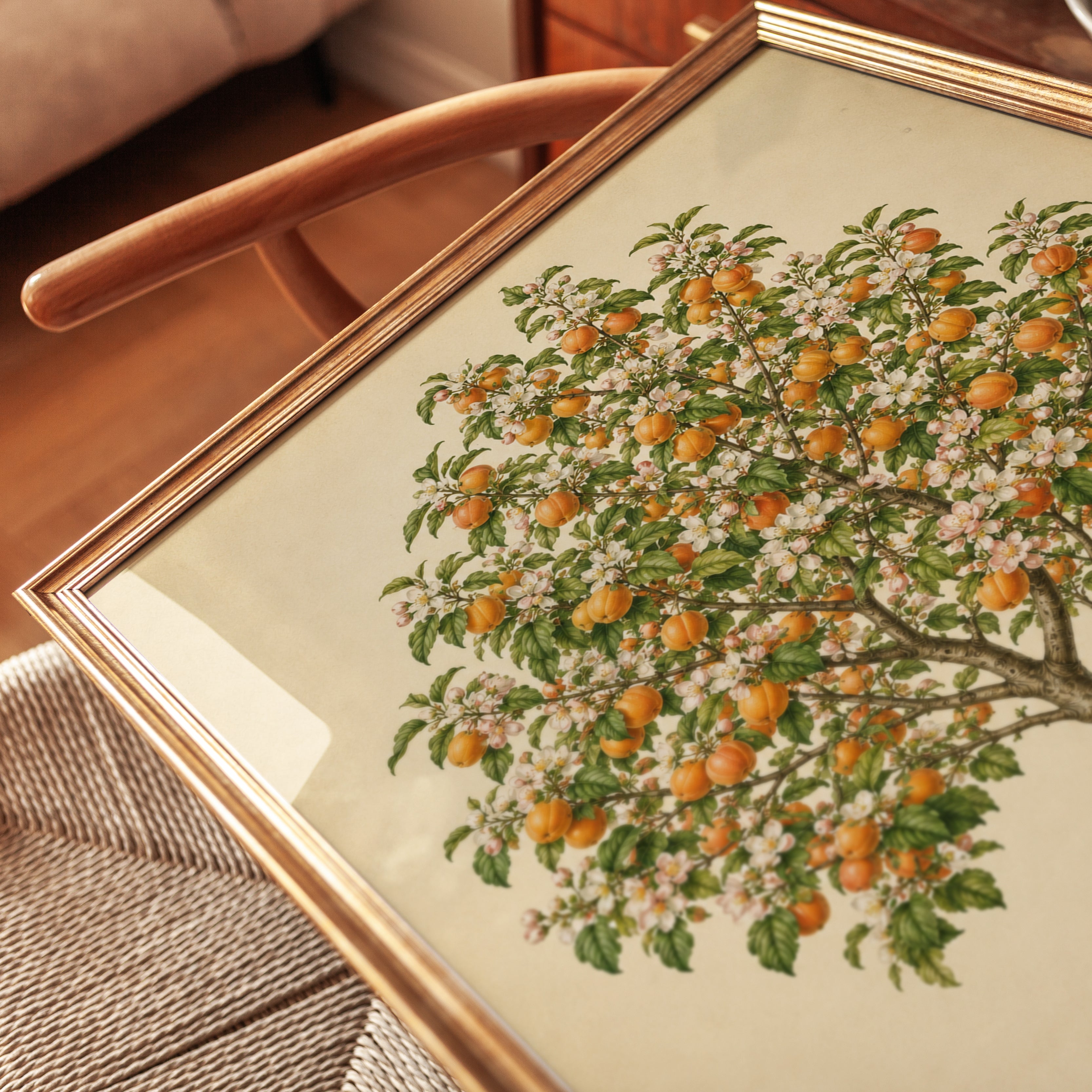 Vintage Orange Tree Botanical Print – Hand-Painted Fruit Blossoms - detail