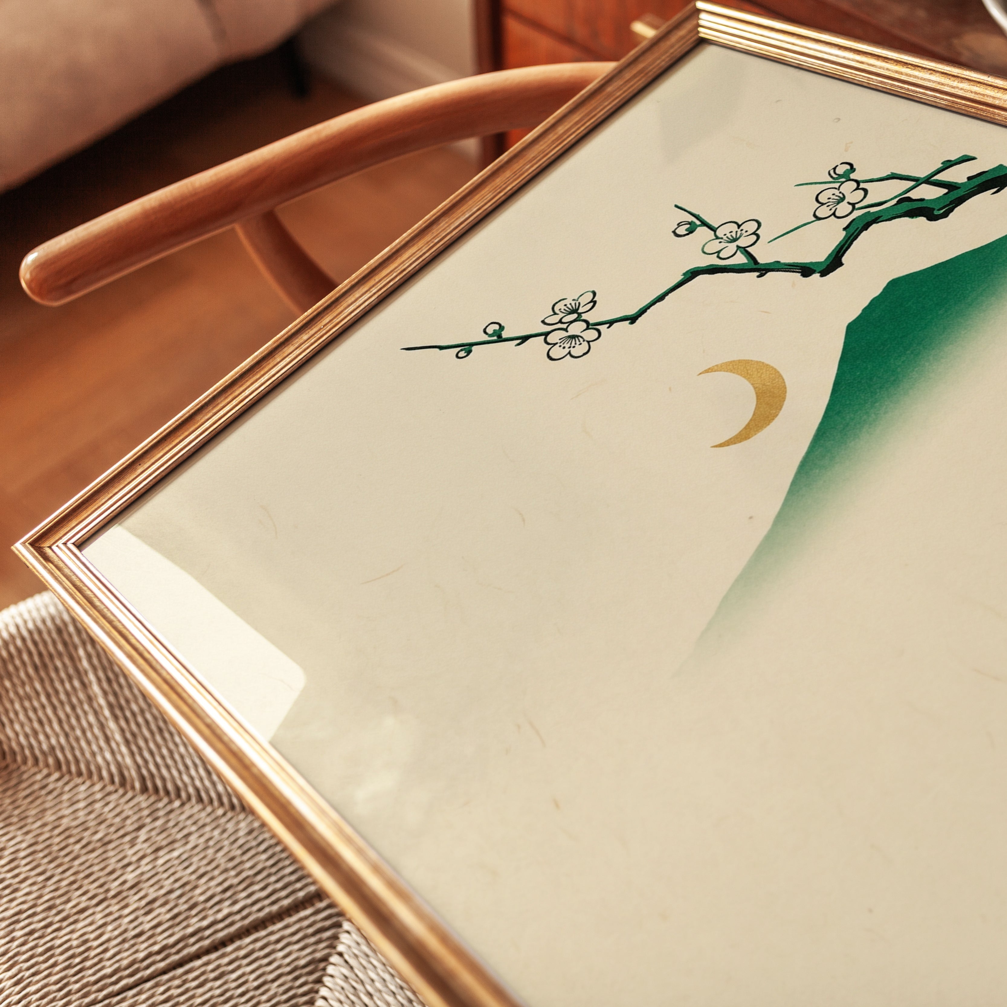 Japanese Cherry Blossom Mountain Print: Minimalist Green Landscape - detail