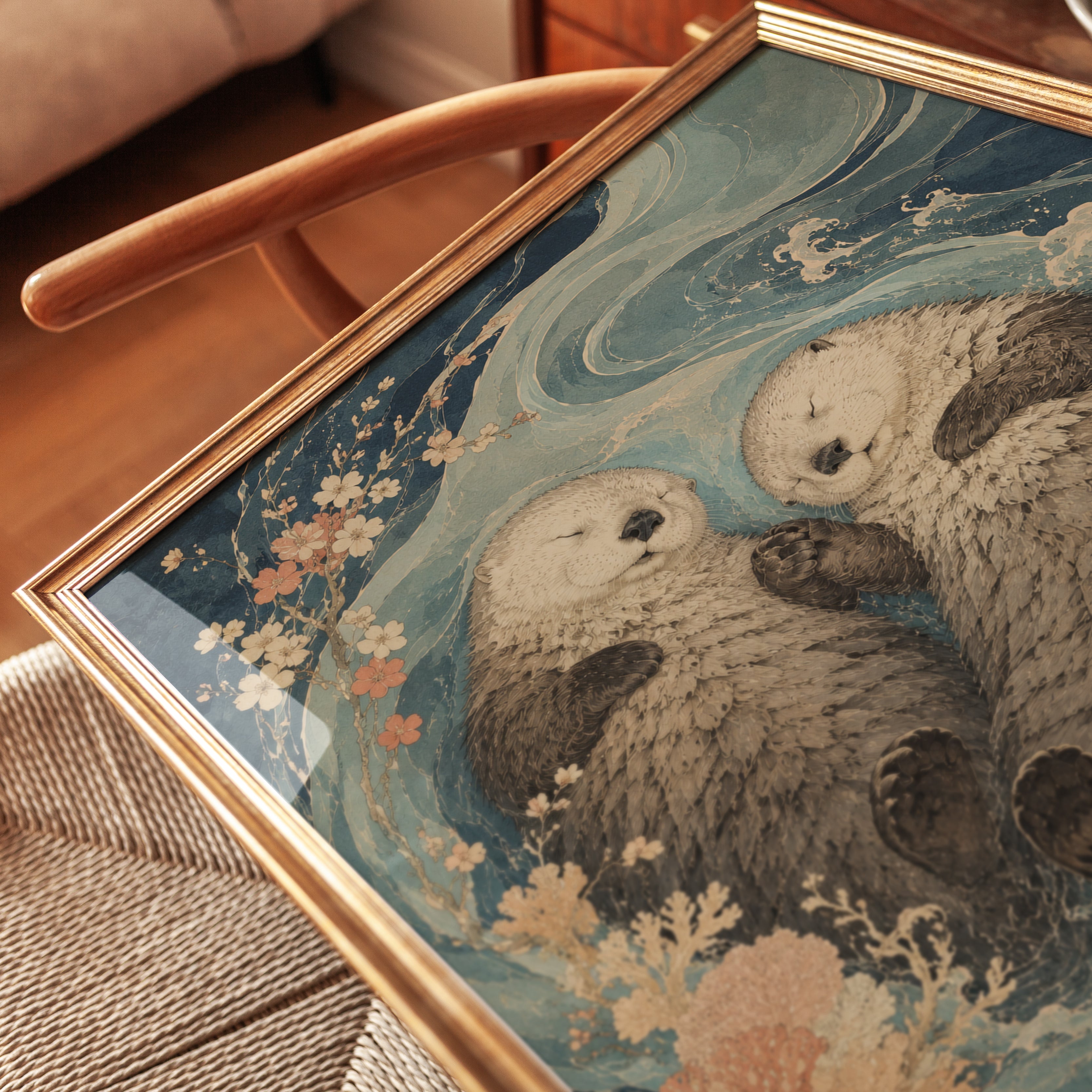 Sea Otters Art Print: Japanese Woodblock Style with Cherry Blossoms - detail