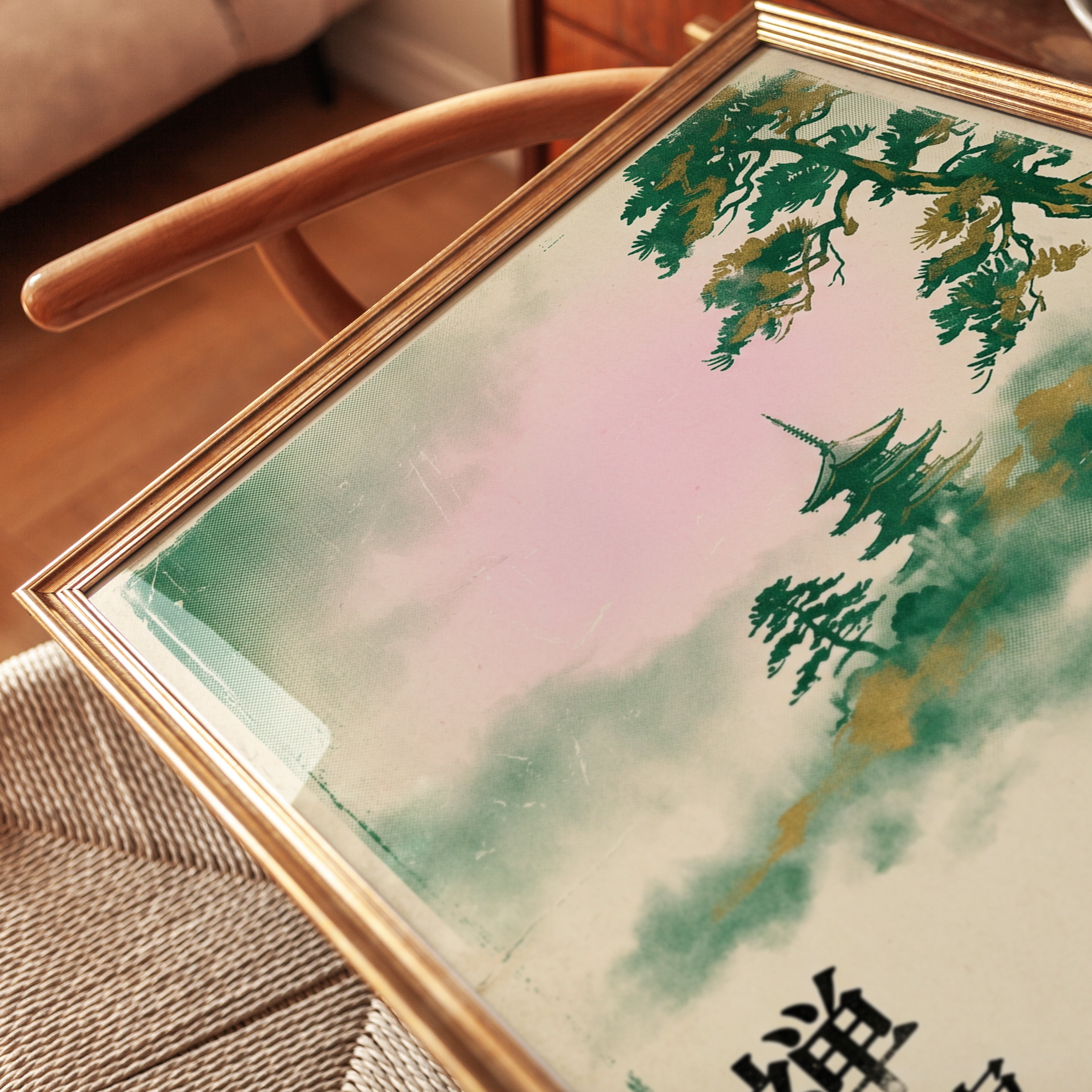 Zen Cat Temple Print – Japanese Watercolor Pagoda Landscape Asian - detail