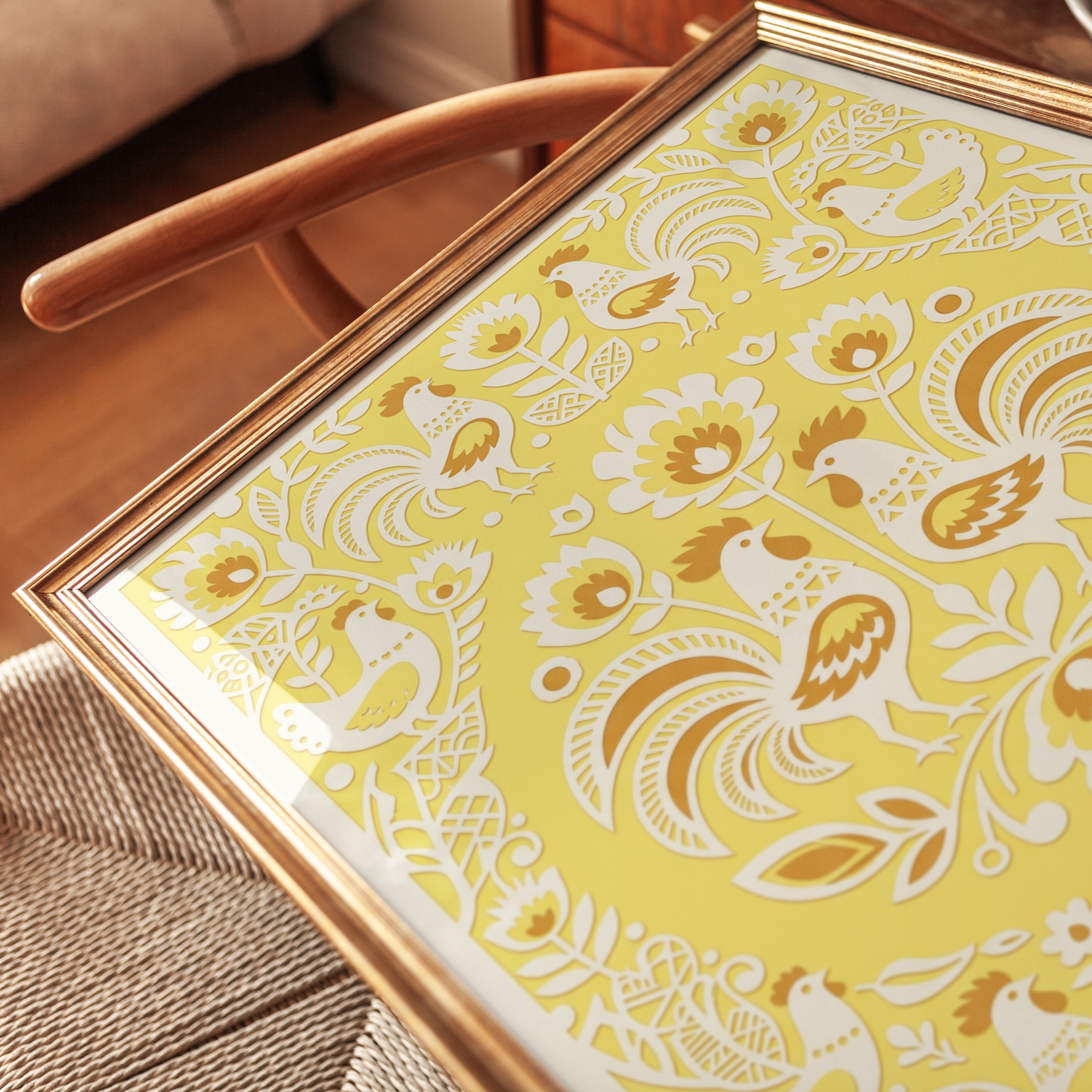 Folk Art Rooster Print: Yellow Scandinavian Pattern Design - detail