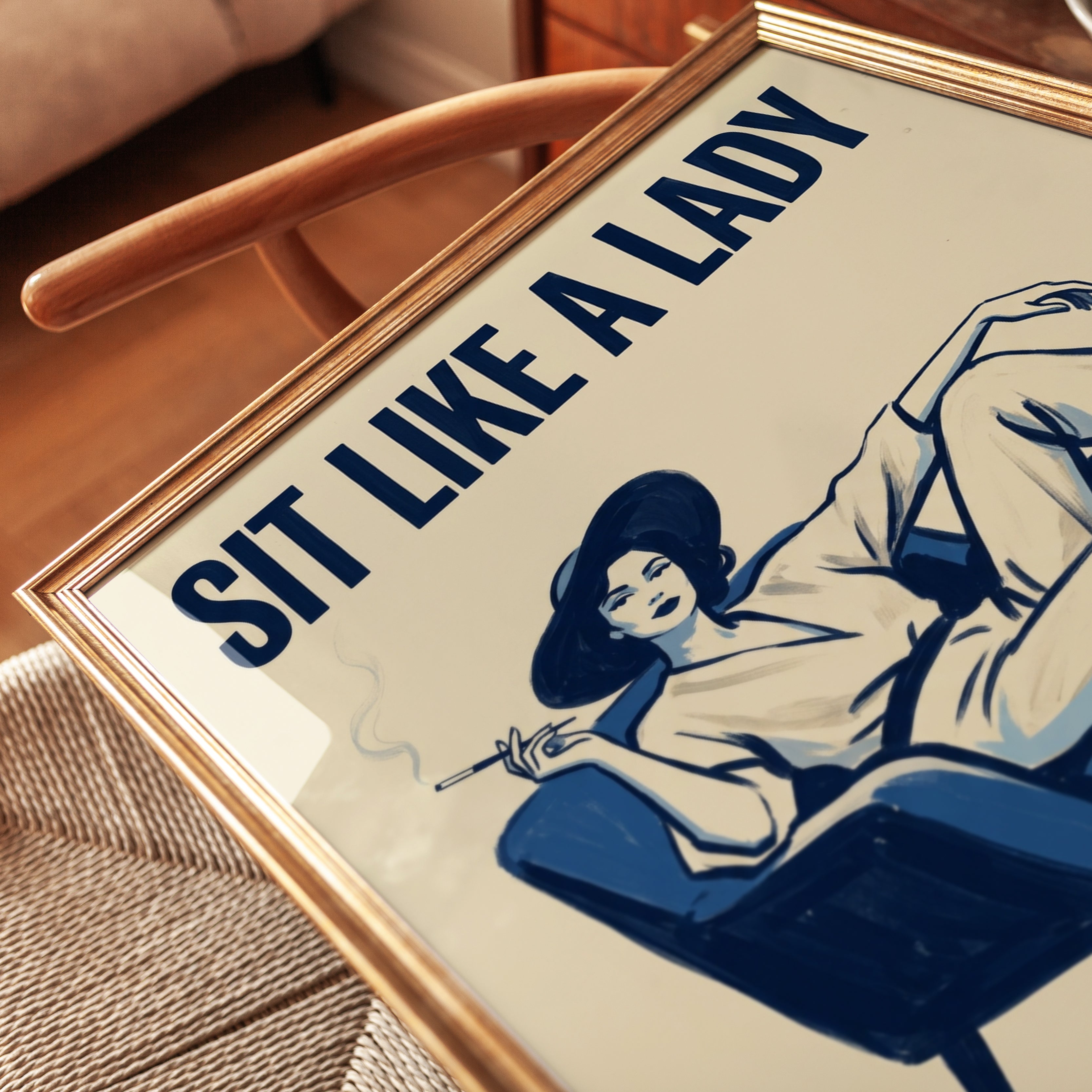 Sit Like A Lady Poster: Retro Blue Cream Lounge Art Print - detail