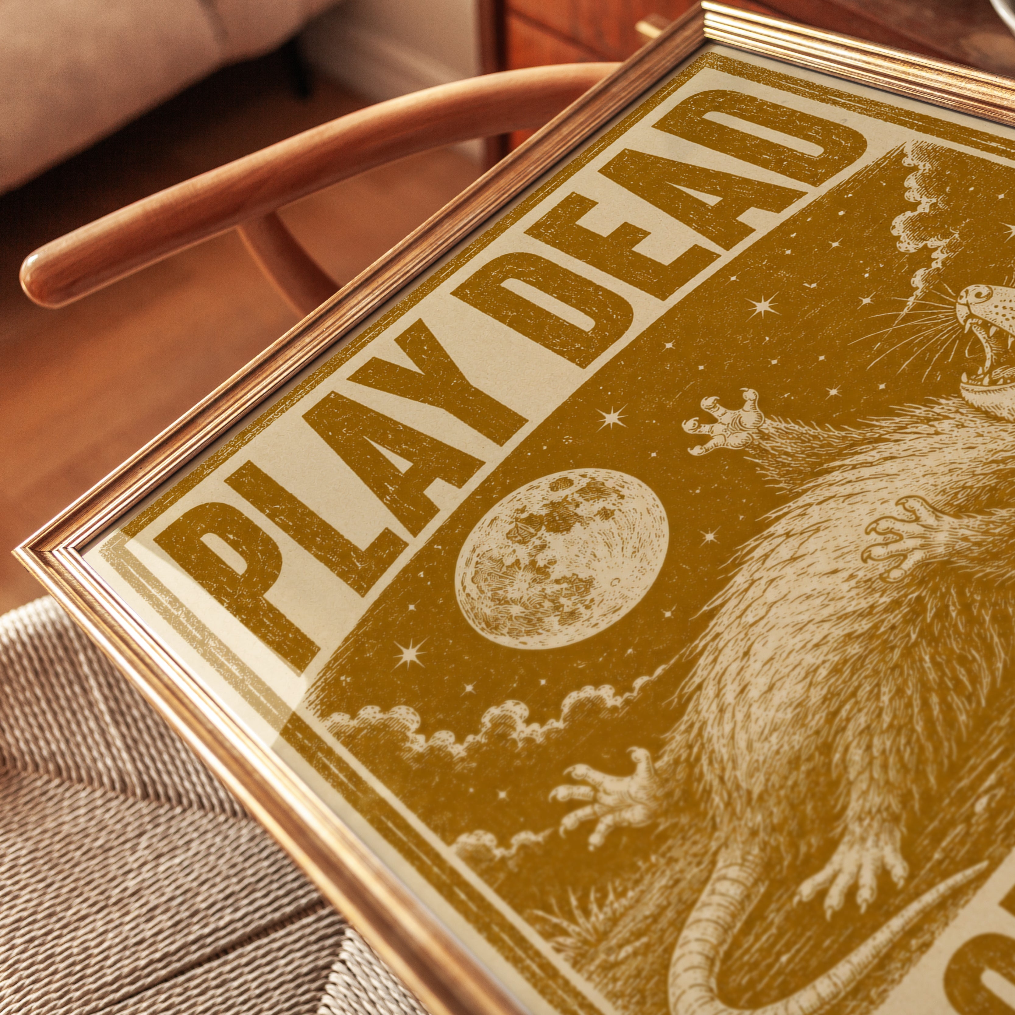 Play Dead Opossum Print: Vintage Animal Art (Mustard Gold Palette) - detail