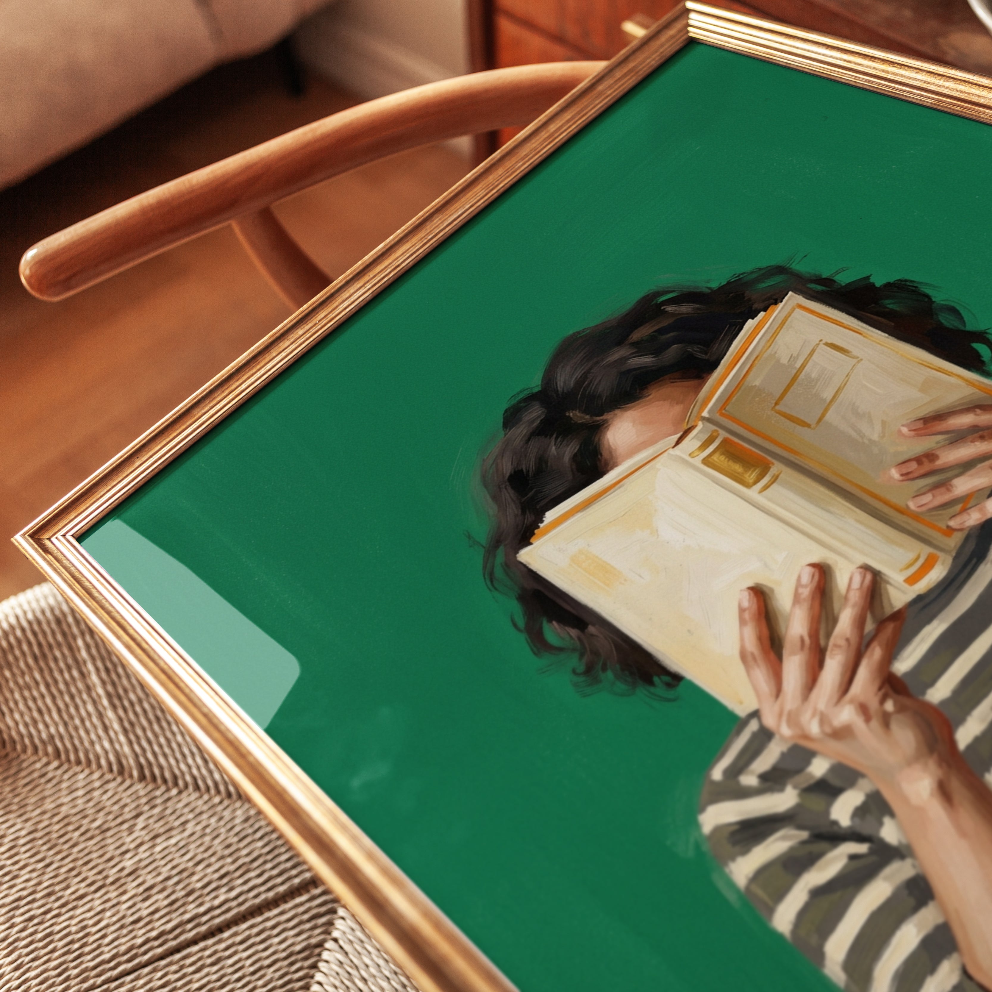 Book Reader Portrait: Contemporary Green Background Wall Art - detail