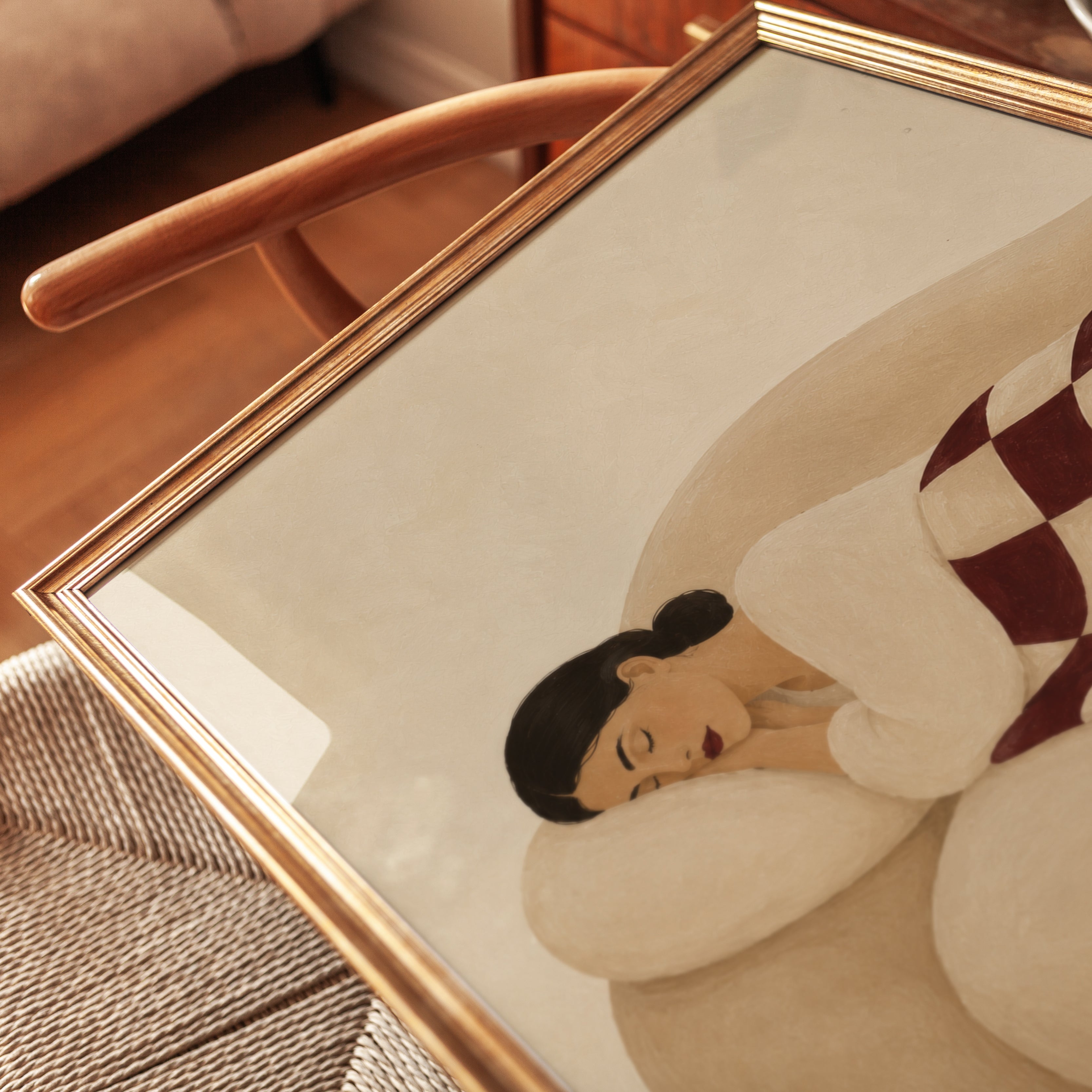 Resting Woman Art Print: Minimalist Beige and Burgundy Figurative - detail