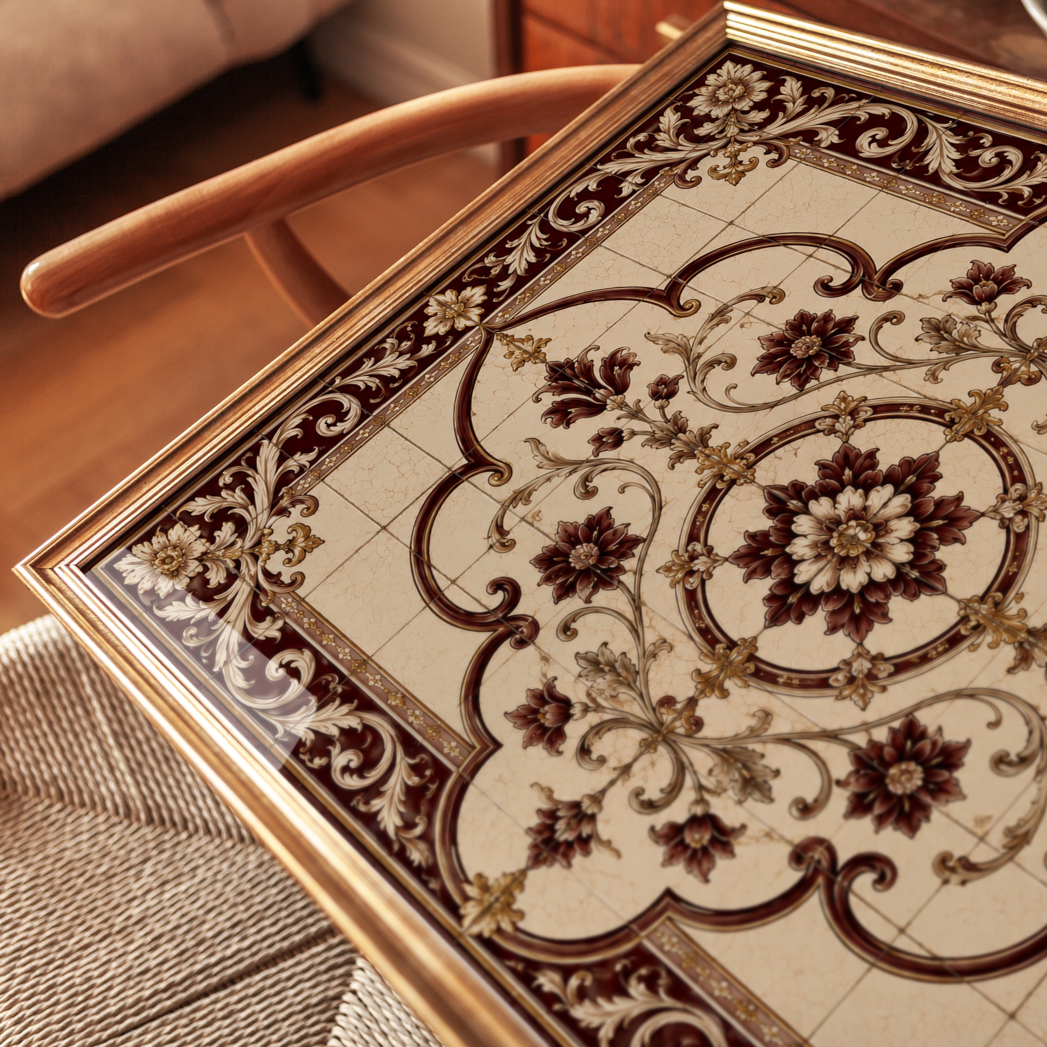 Baroque Floral Medallion Art Print: Ornate Brown and Gold Design - detail
