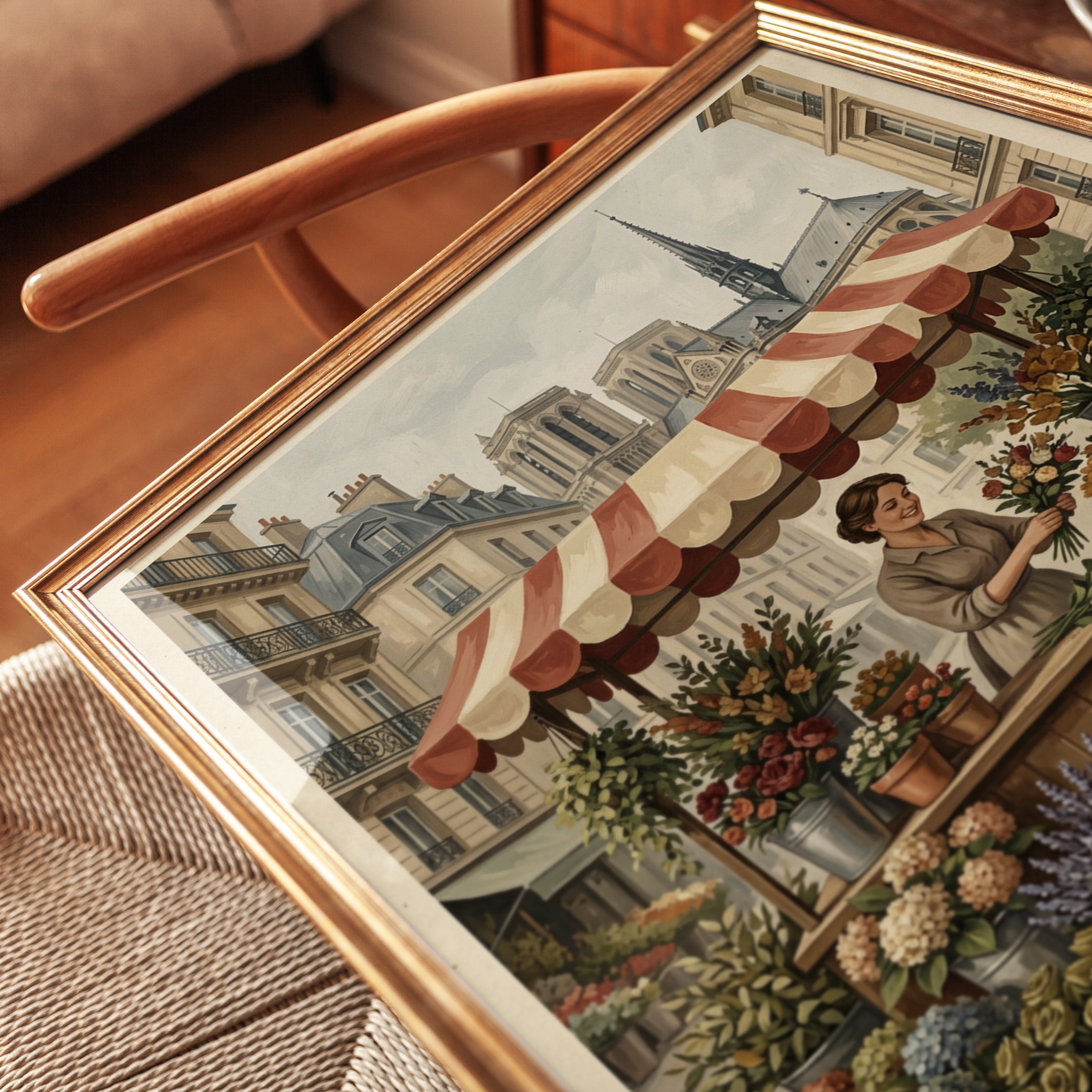 Parisian Flower Market Poster: Vintage French Street Scene Art - detail
