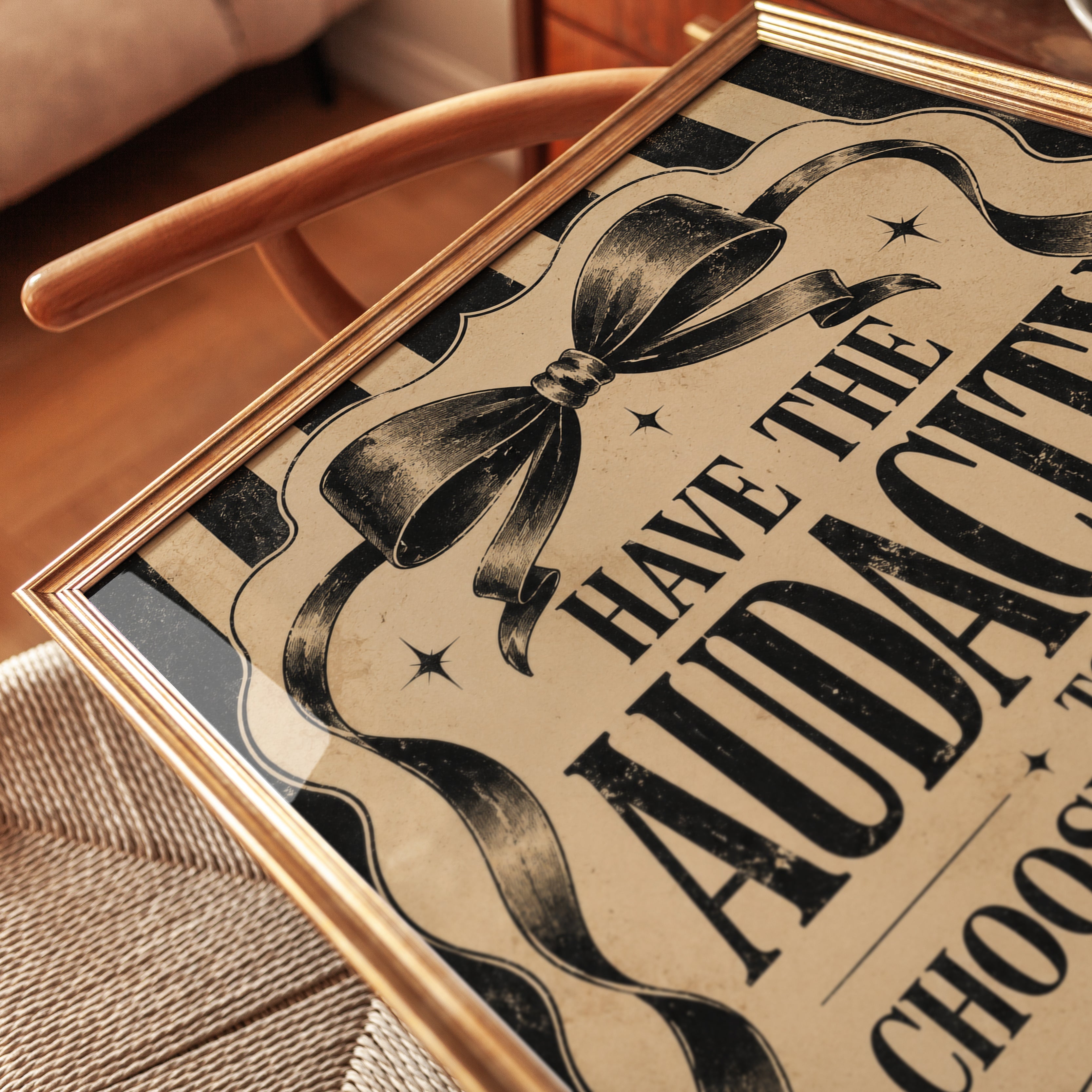 Vintage Motivational Ribbon Quote Print: Black and Cream Typography - detail