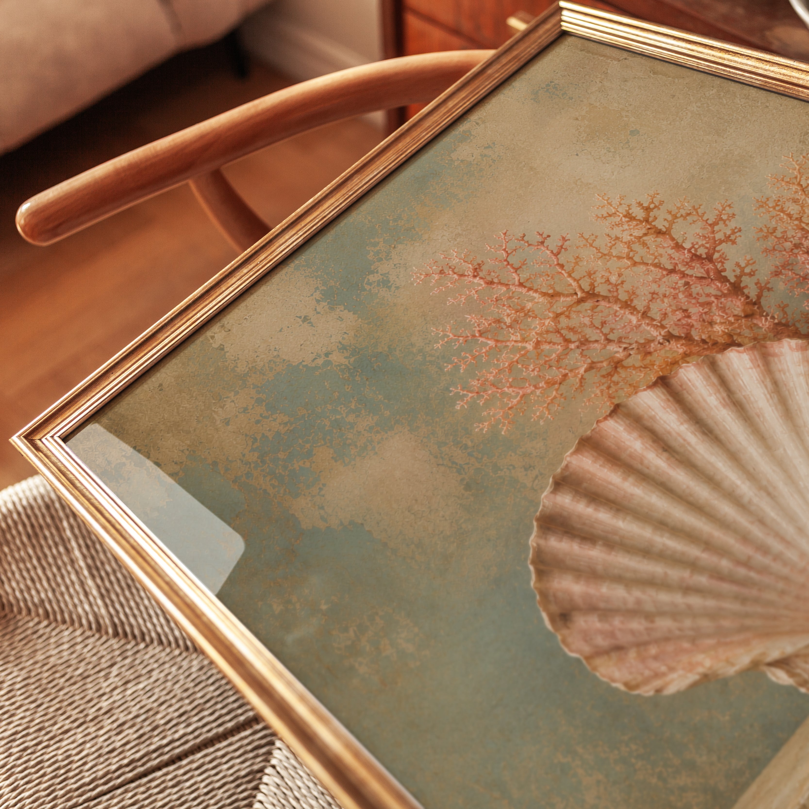 Scallop Shell and Coral Wall Art: Coastal Still Life Print - detail