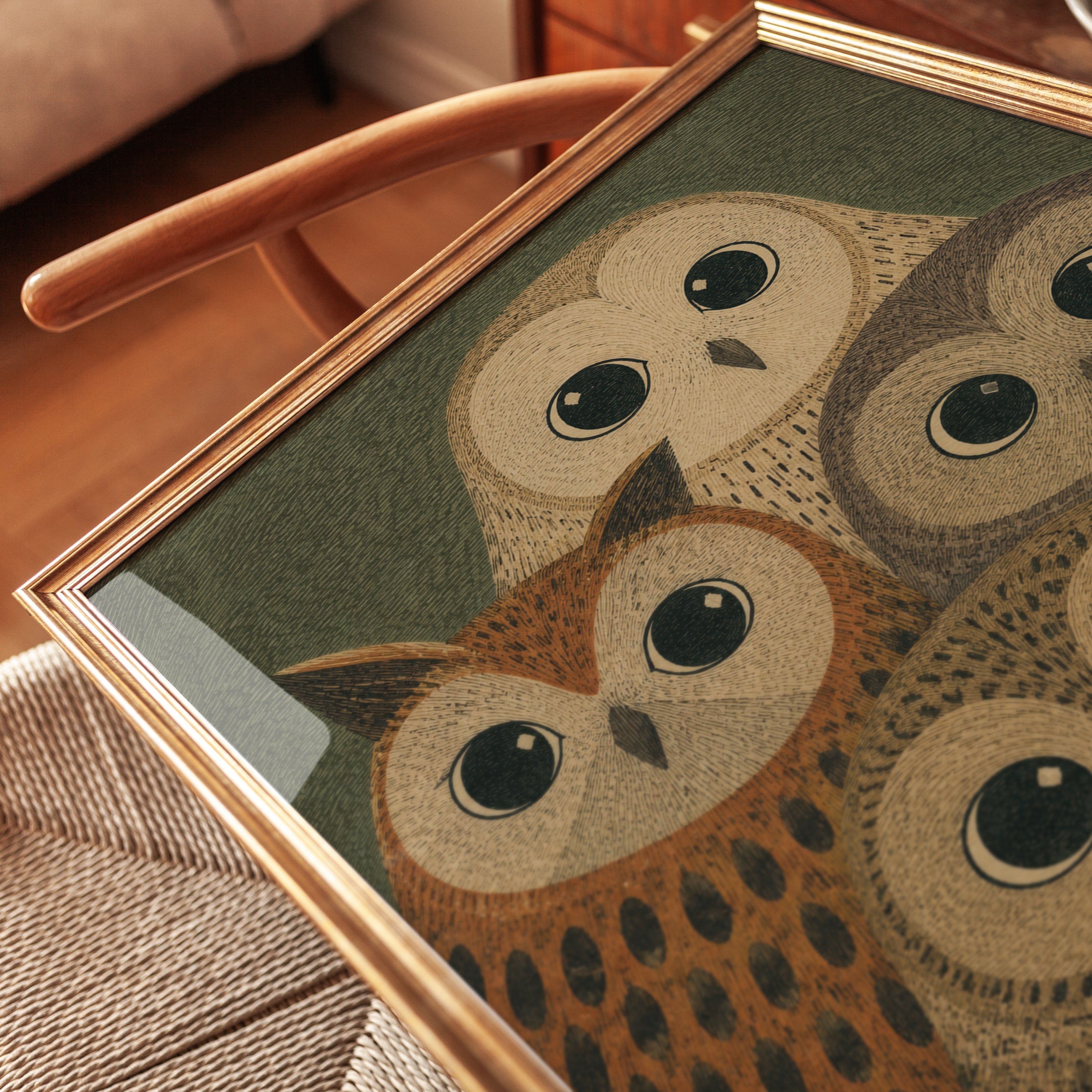 Four Owls Japanese Folk Art Print - detail