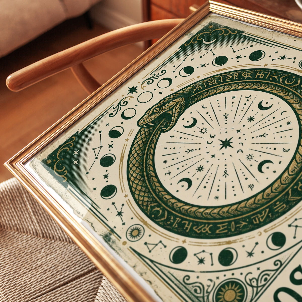 Cosmic Serpent Ouroboros Poster: Mystical Green Celestial Art - detail