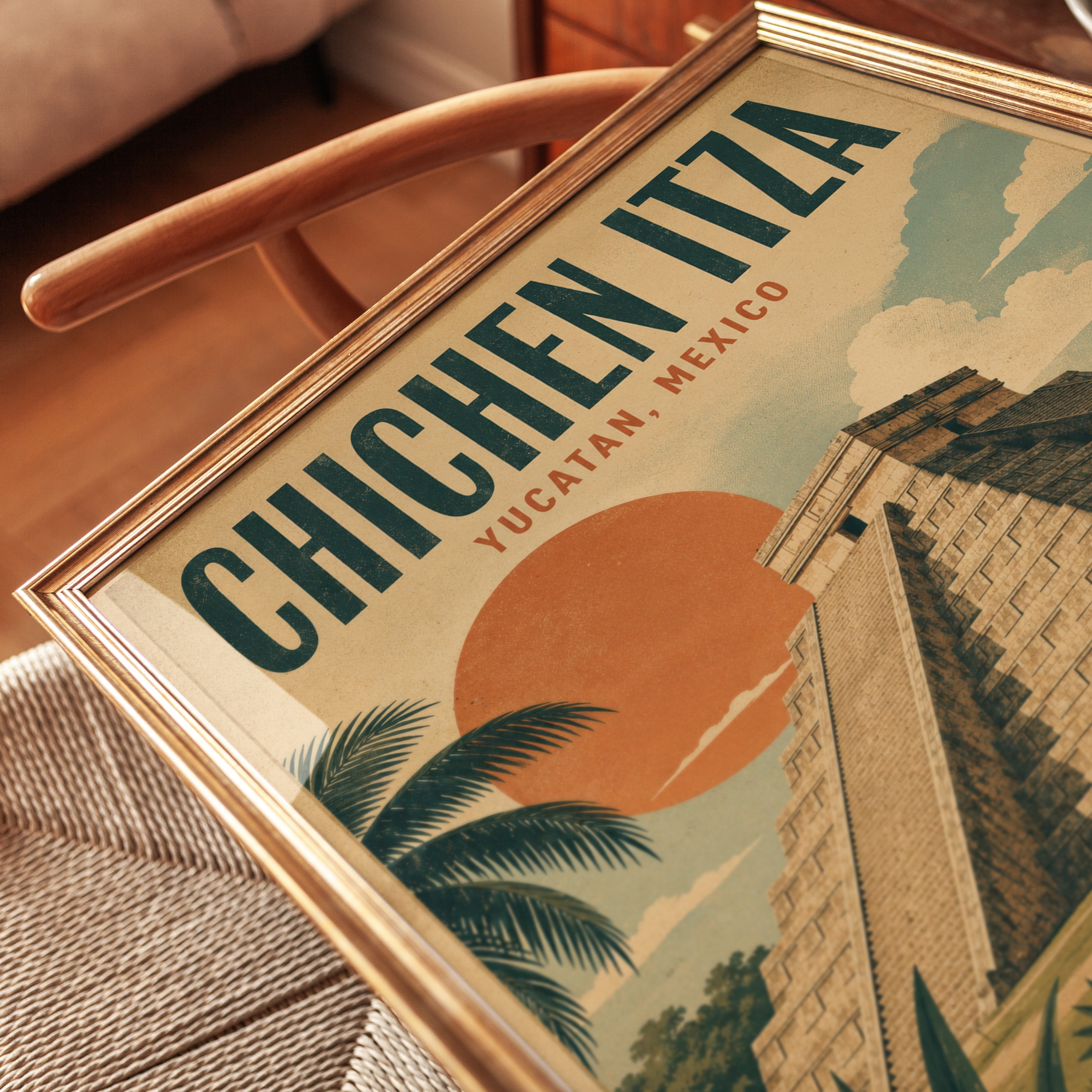 Chichen Itza Travel Poster – Retro Mexico Mid-Century Wall Art - detail