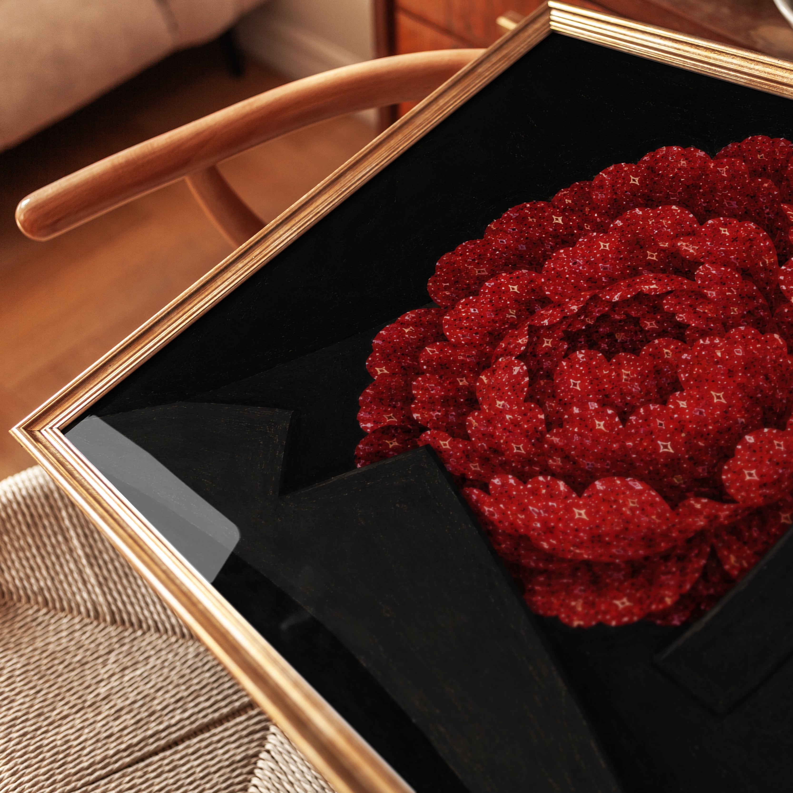 Red Crystal Flower Art Print: Glittering Peony on Black - detail