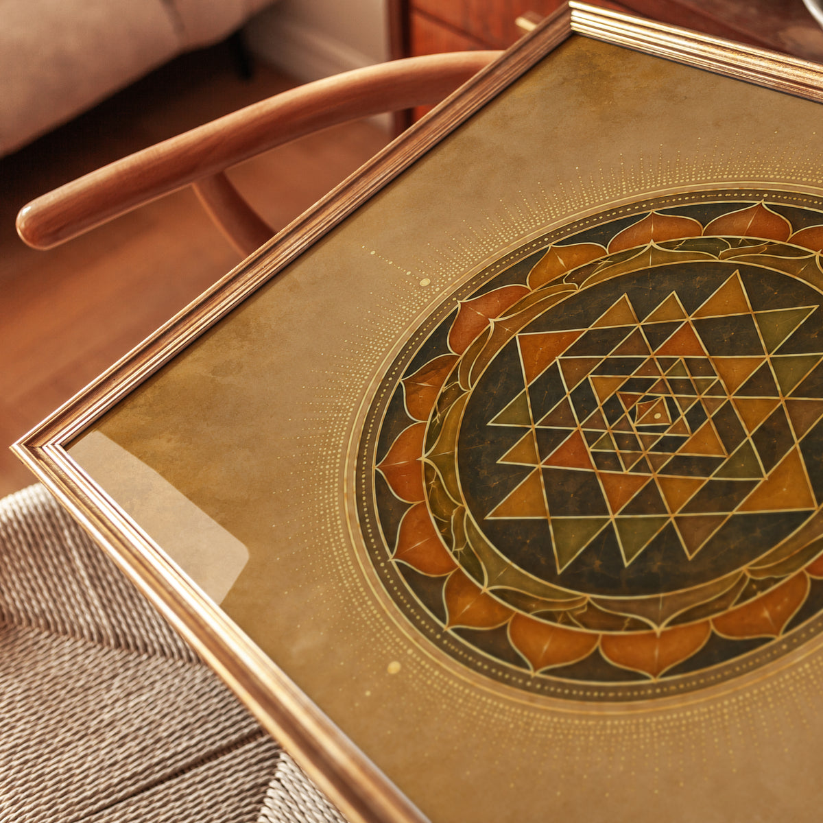 Sri Yantra Mandala: Sacred Geometry Art Print (Gold and Orange) - detail