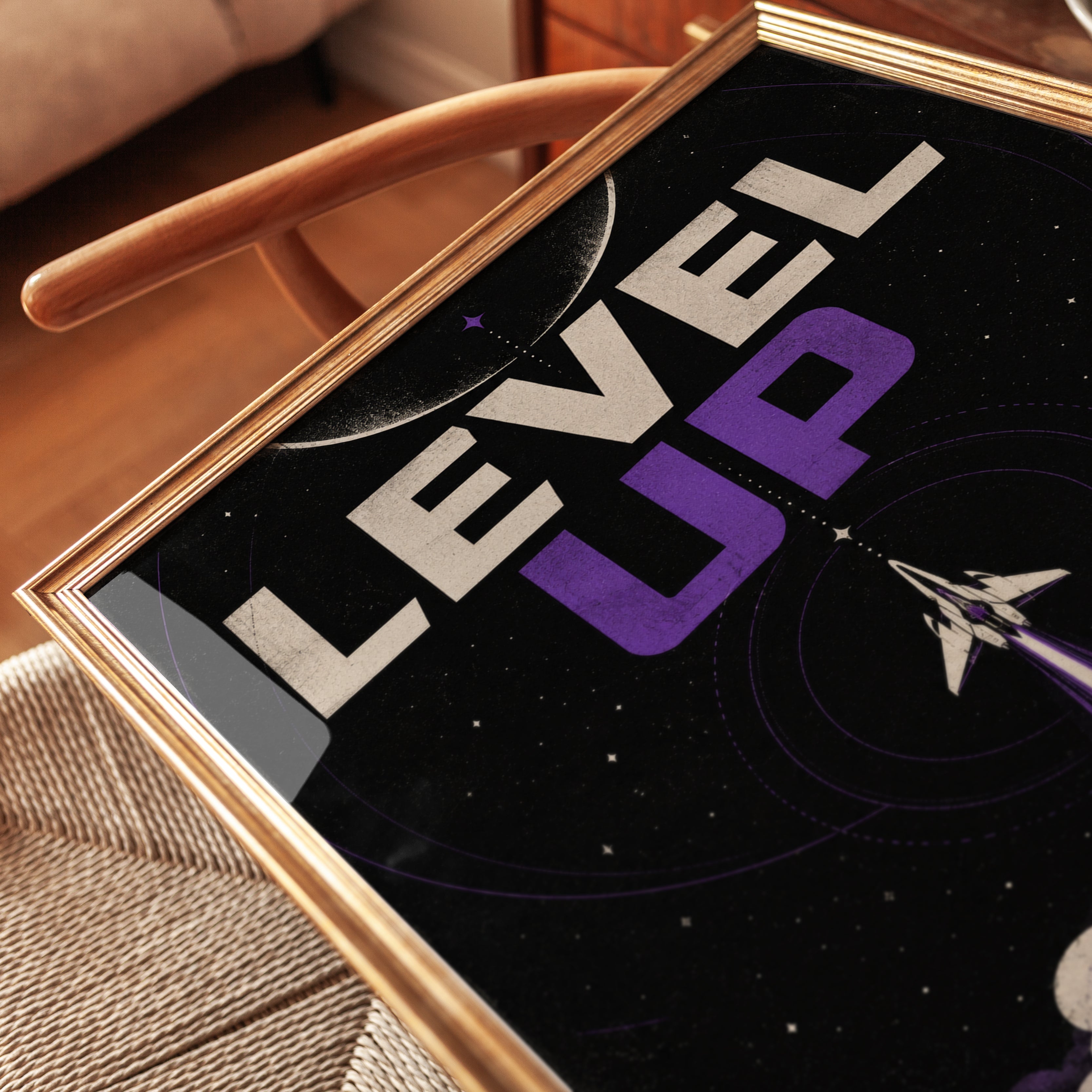 Level Up Retro Game Poster: Space Arcade Art in Purple & Black - detail
