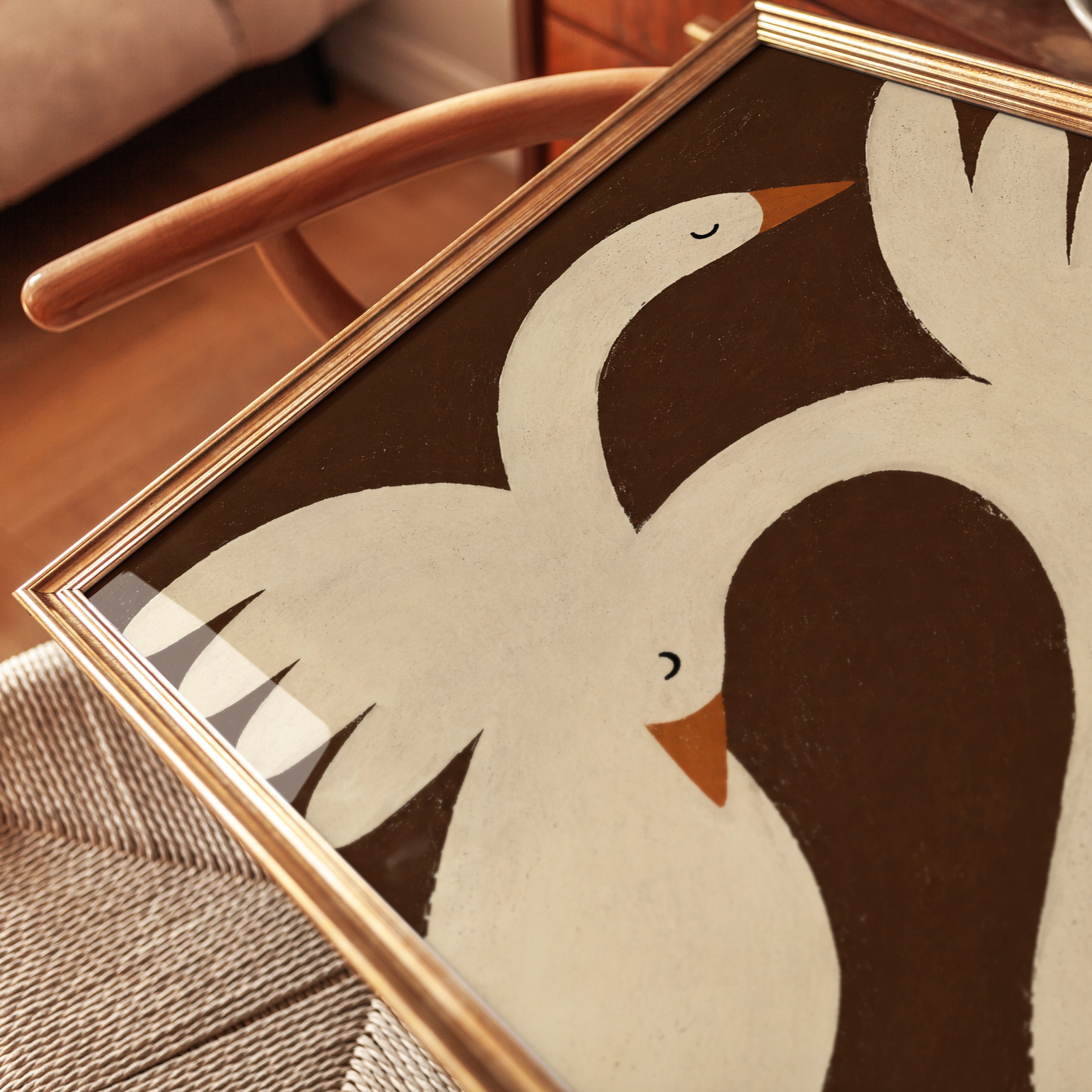 Geometric Swans Art Print: Minimalist Brown and Cream Birds - detail