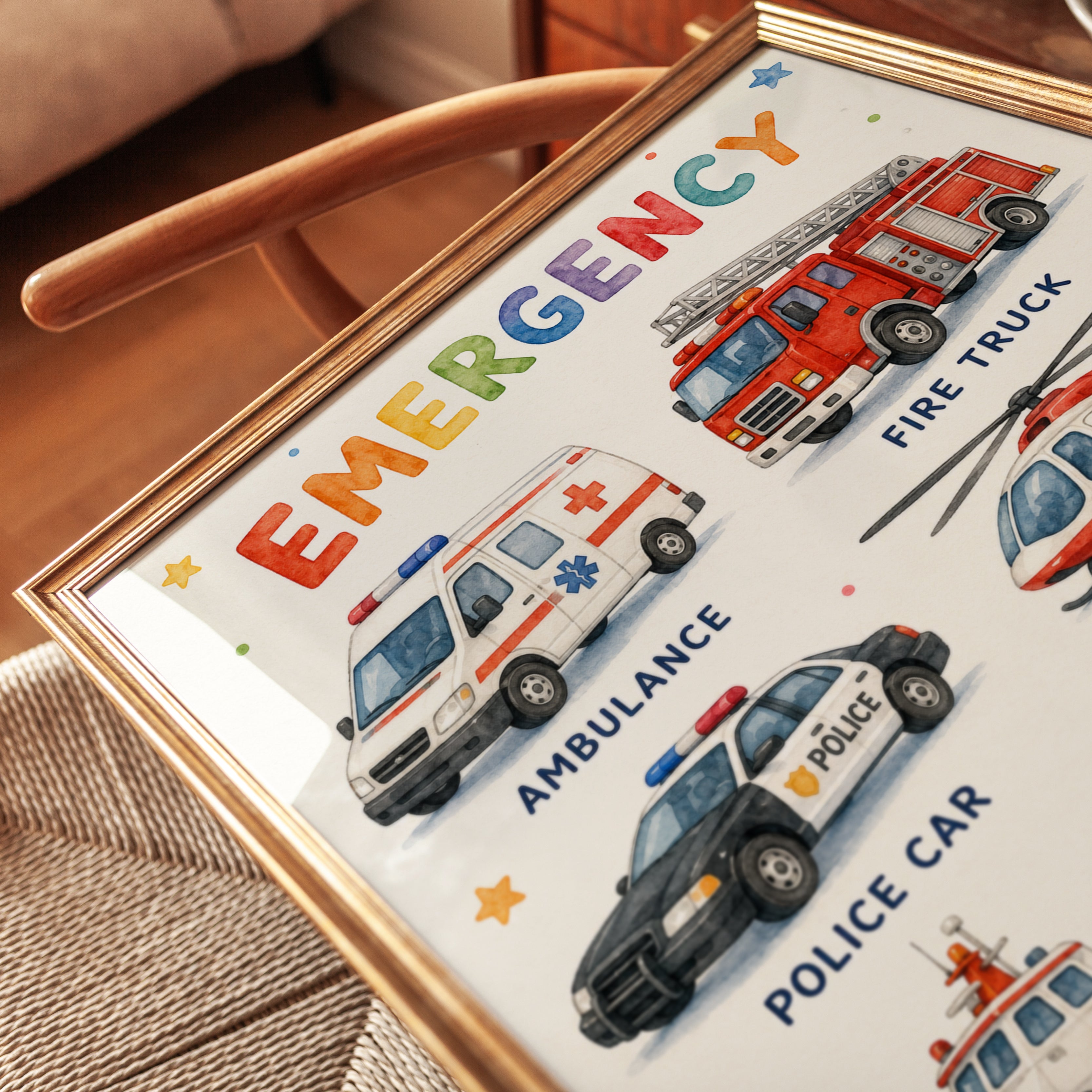 Watercolor Emergency Vehicles Print - detail