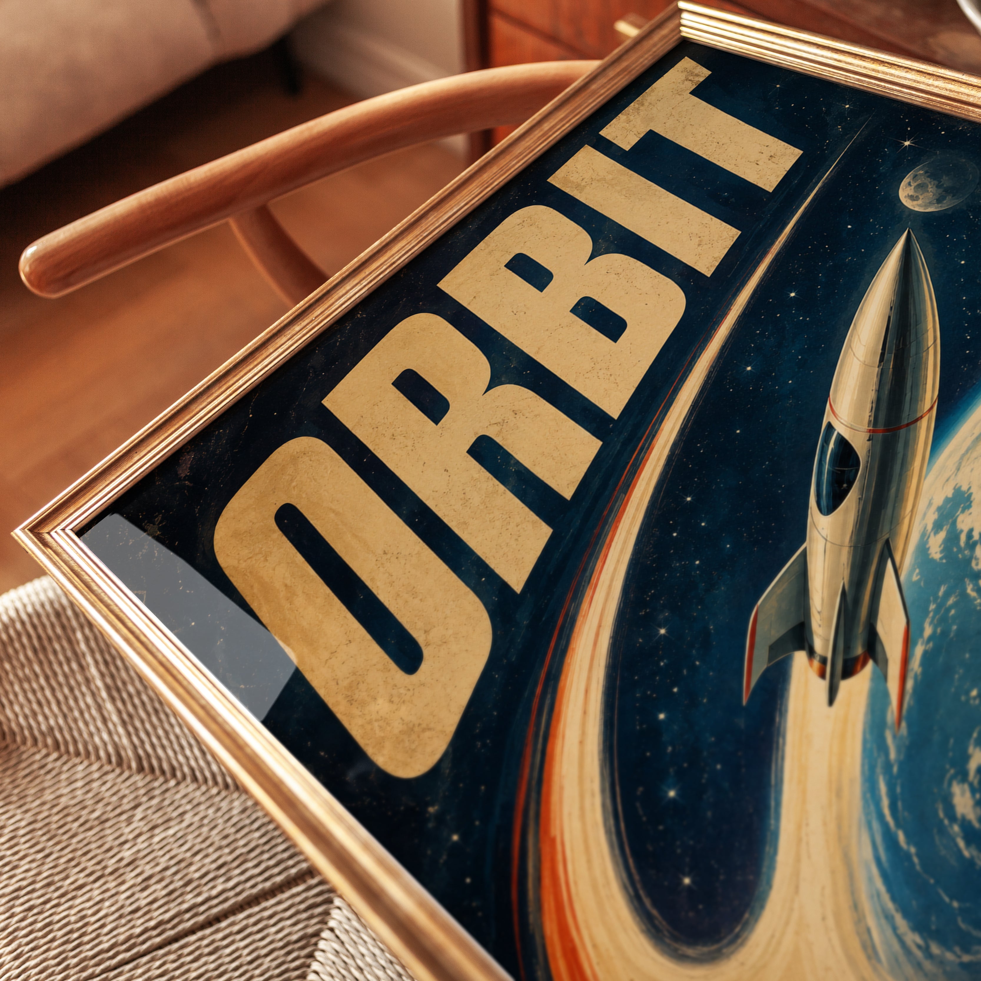 Retro Space Rocket Poster: Vintage Sci-Fi Orbit Design - detail