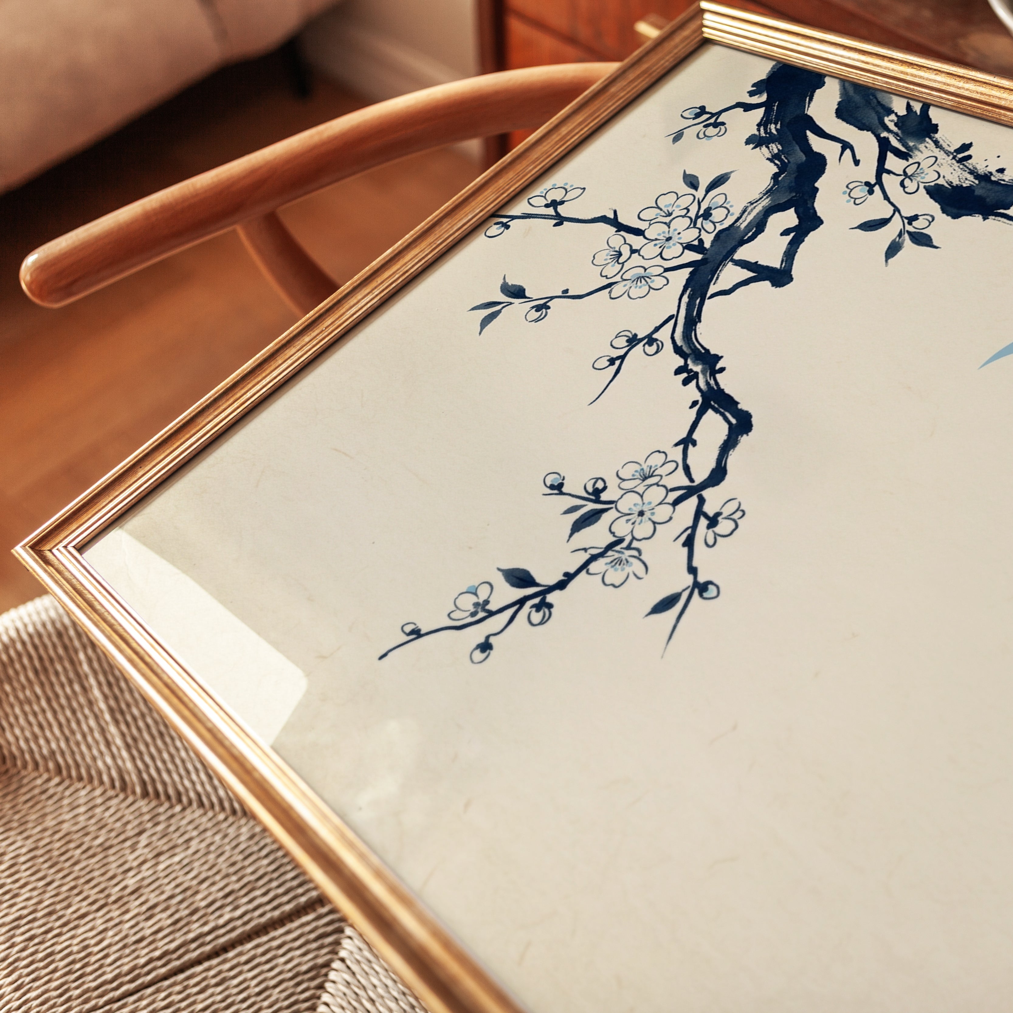 Cherry Blossom Moon Art Print: Japanese Ink Painting Style - detail