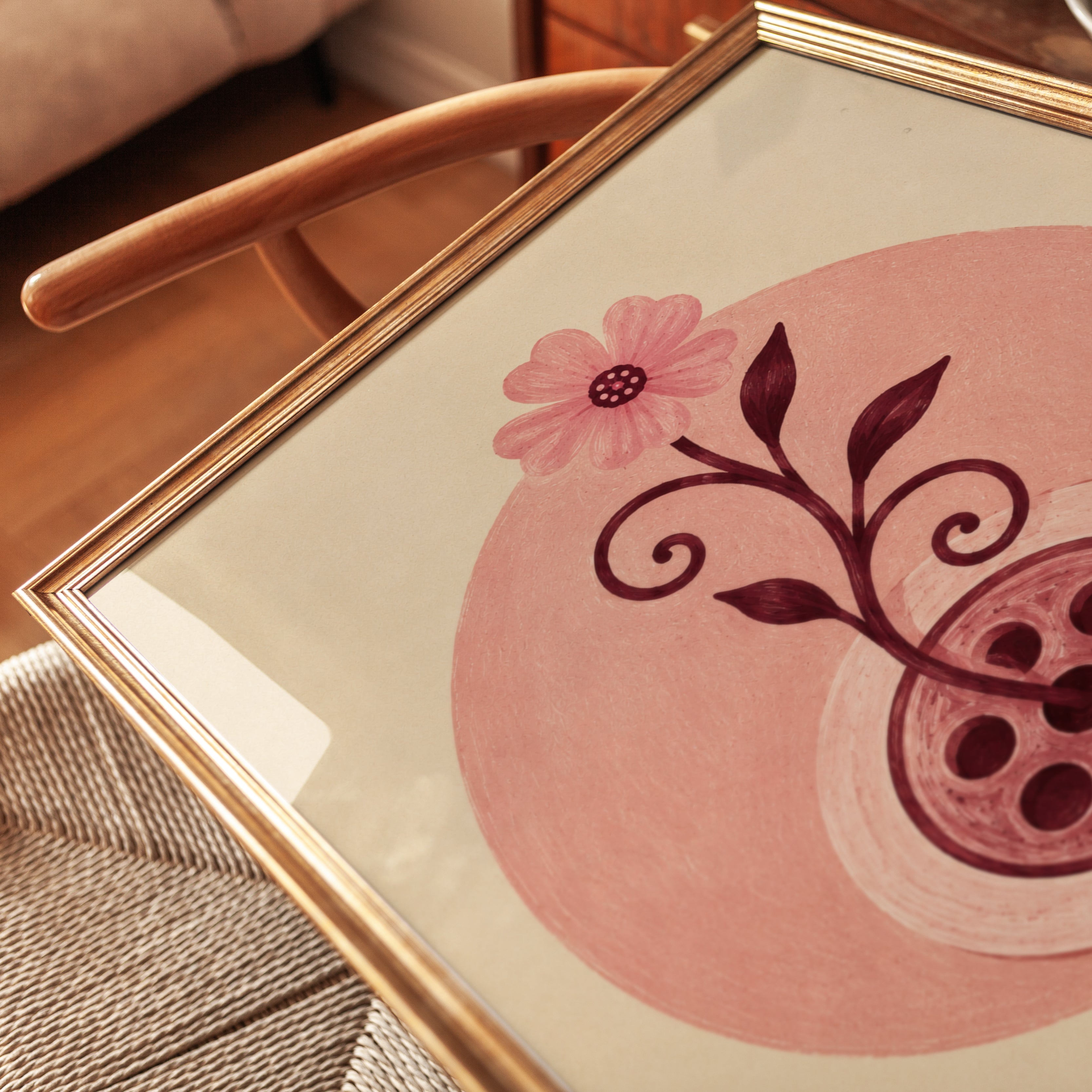 Folk Art Flower Print – Pink Botanical Wall Art - detail