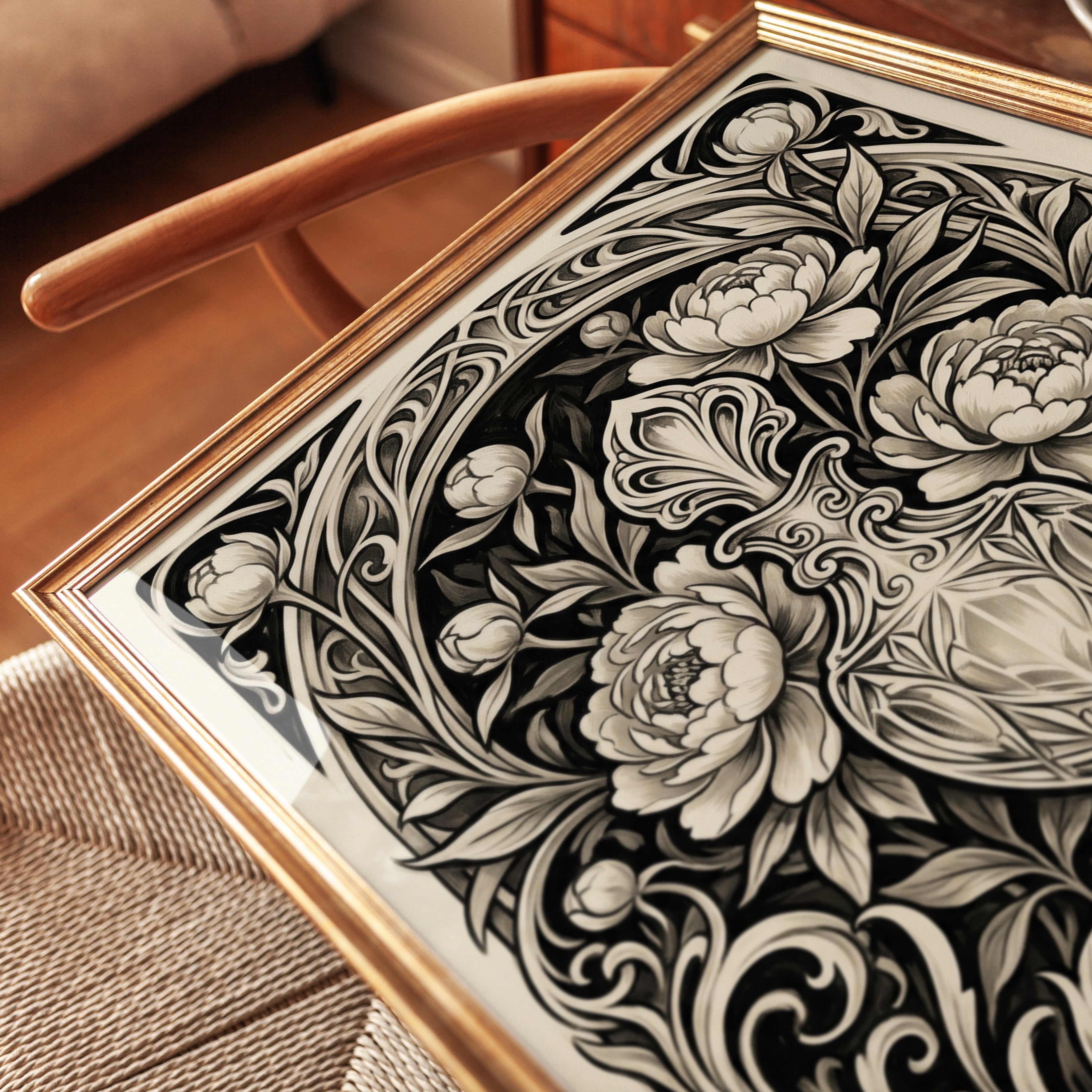Art Nouveau Floral Vase Print – Ornate Botanical Urn - detail