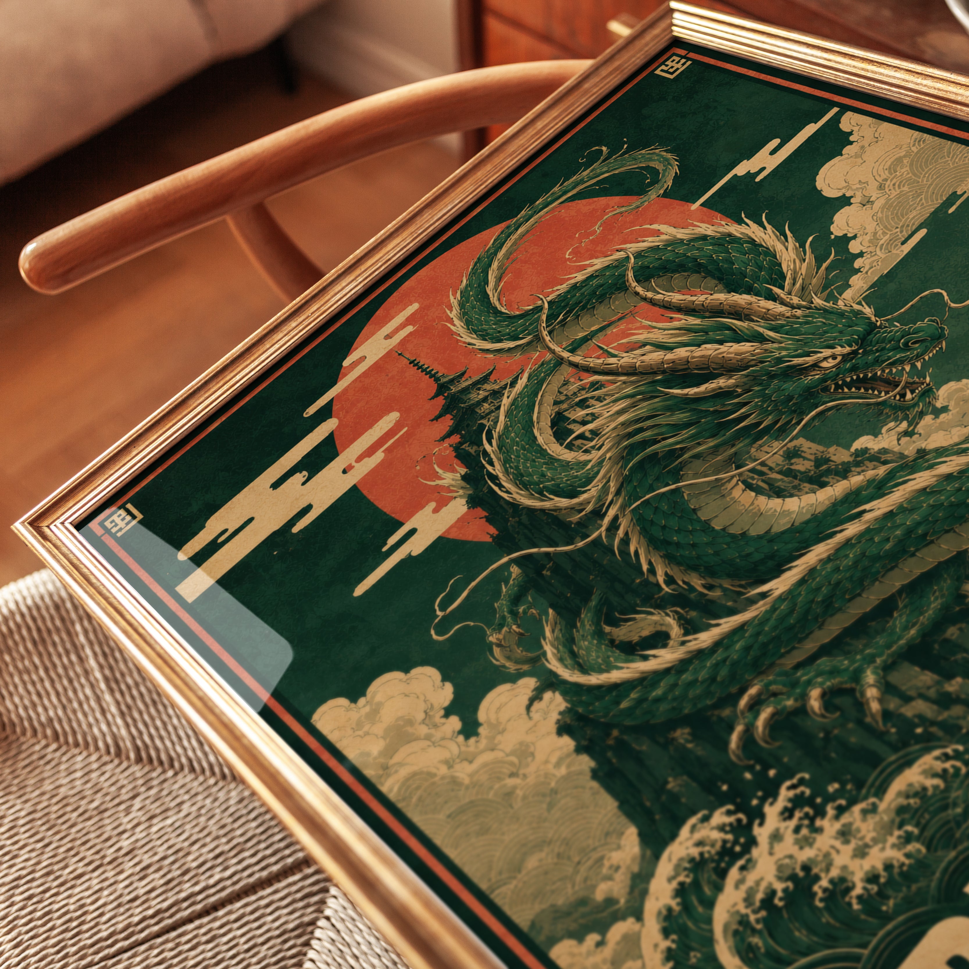Vintage Japanese Dragon Print – Emerald Green - detail