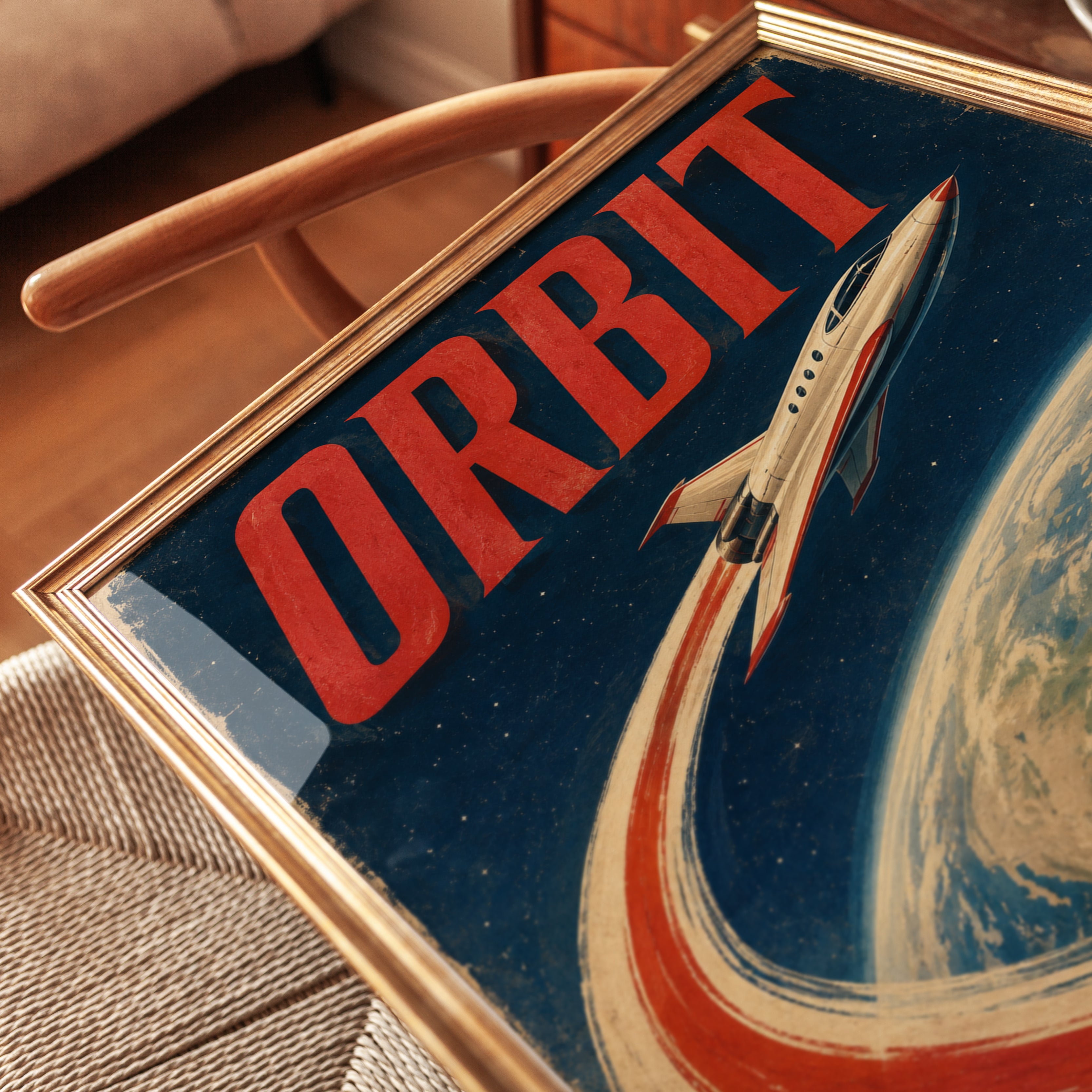 Orbit Space Rocket Poster: Vintage Retro Sci-Fi Wall Art - detail