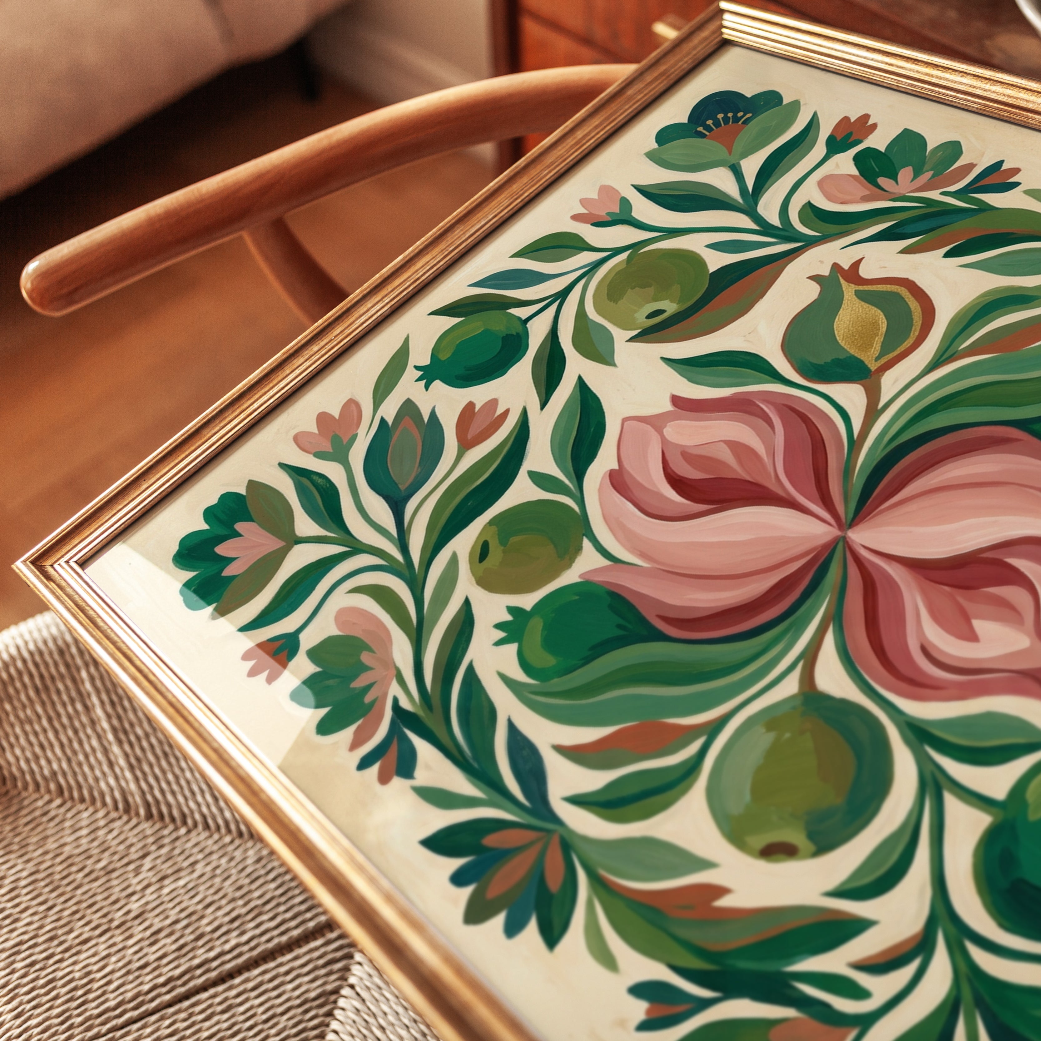 Folk Art Botanical Print: Pink Tulip and Green Pomegranate Design - detail