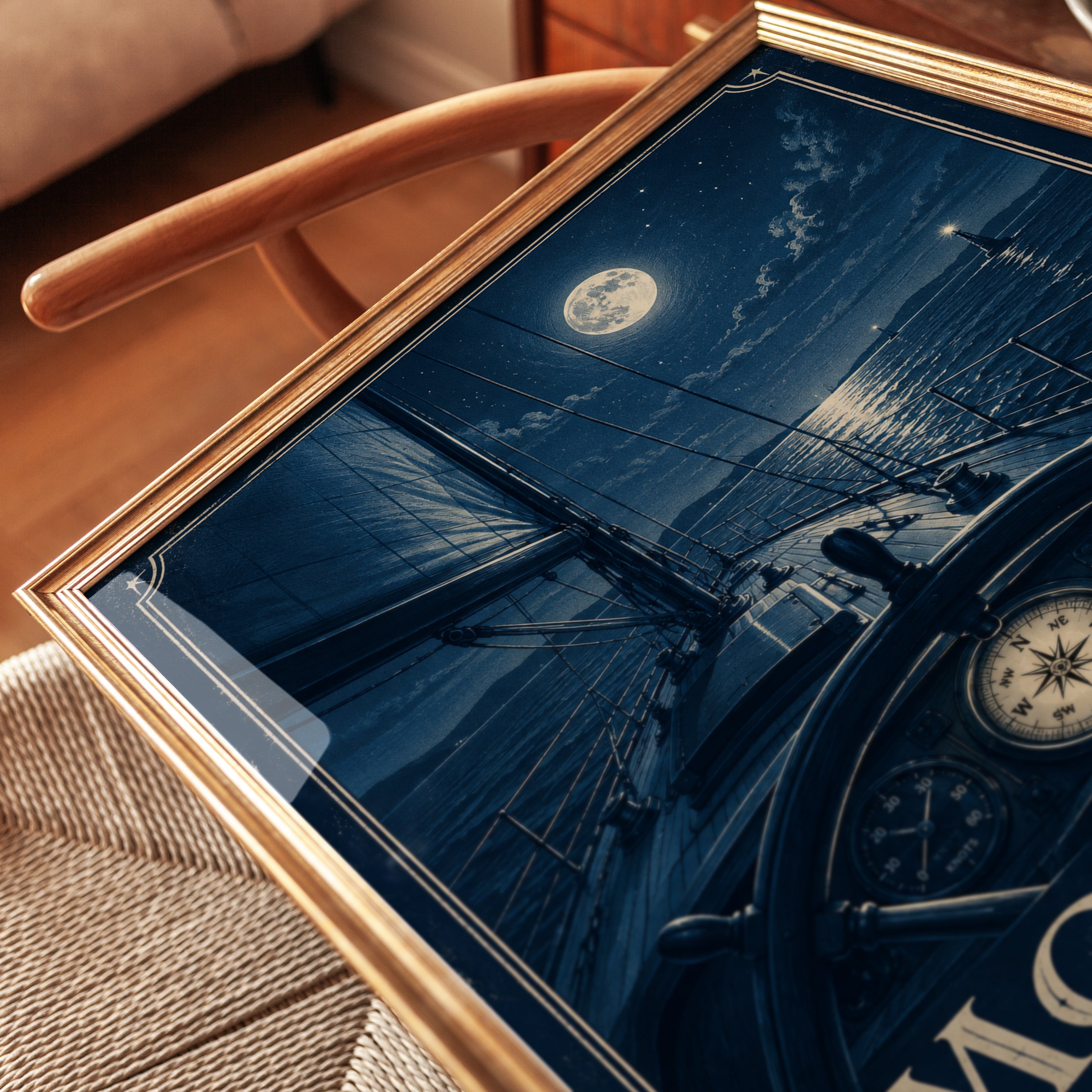 Moonlit Sailboat Navigation Art Print: Vintage Nautical Design - detail