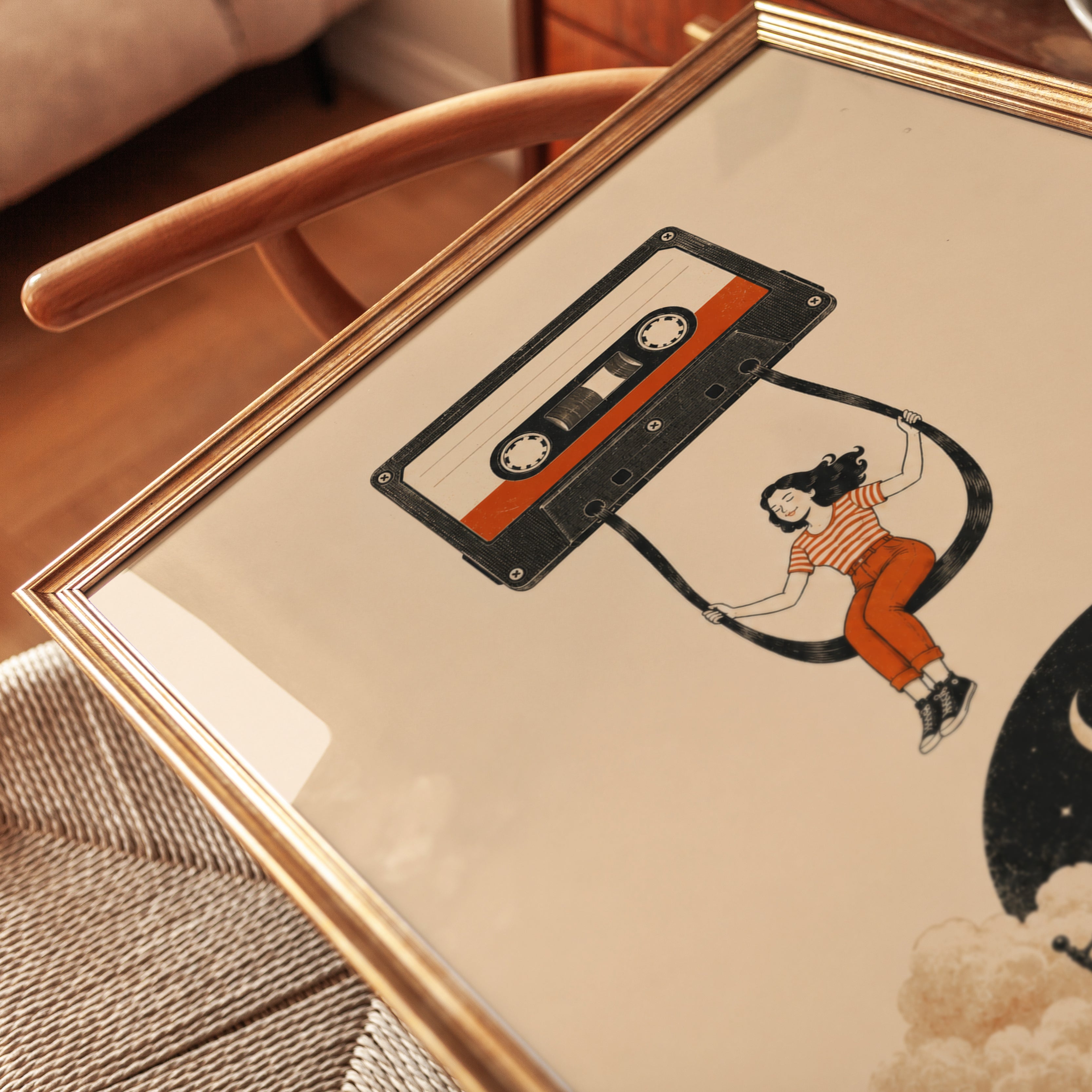 Retro Cassette Tape Dream Art Print: Surrealist Bedroom Clouds - detail